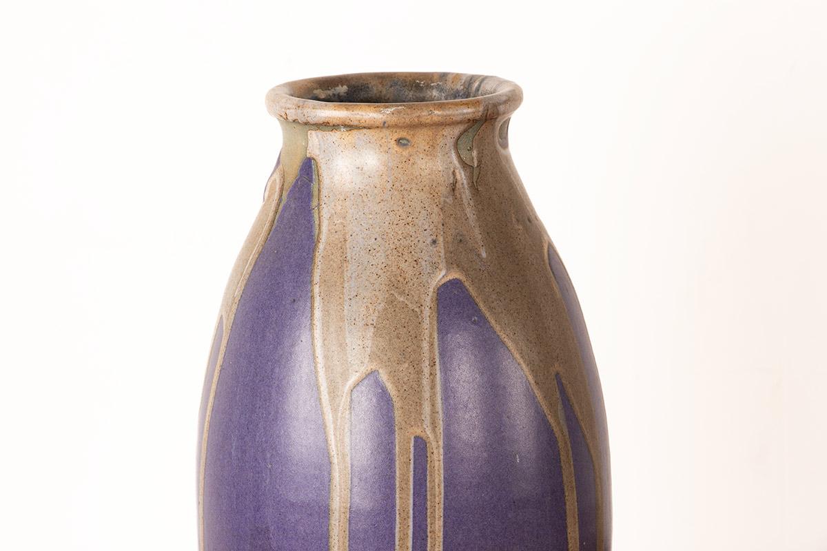 Große Art-déco-Vase aus violett glasierter Keramik von Léon Pointu, Grès de Puisaye, 19 (Französisch) im Angebot
