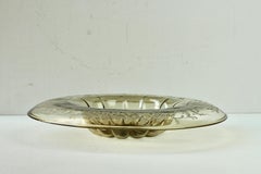 Large Art Deco Venetian Topaz Engraved Etched Murano Glass Bowl or Dish 1930s
