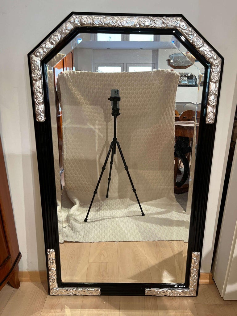 Large Art Deco Wall Mirror, Black Lacquer on Oak, Silver Leaf, France