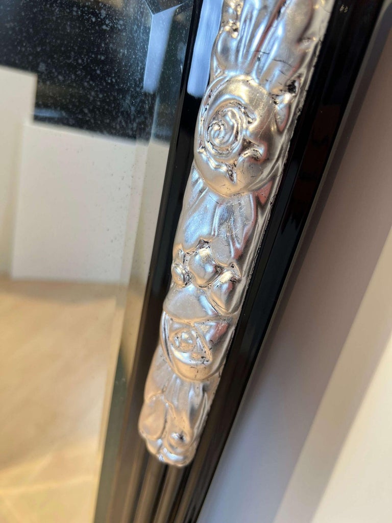 Large Art Deco Wall Mirror, Black Lacquer on Oak, Silver Leaf, France