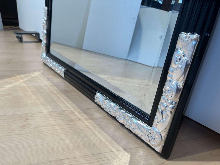 Large Art Deco Wall Mirror, Black Lacquer on Oak, Silver Leaf, France