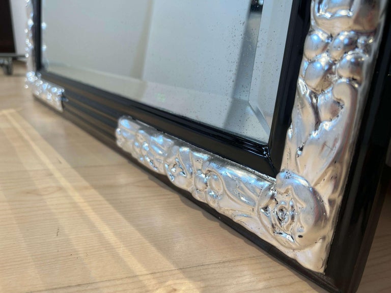 Large Art Deco Wall Mirror, Black Lacquer on Oak, Silver Leaf, France