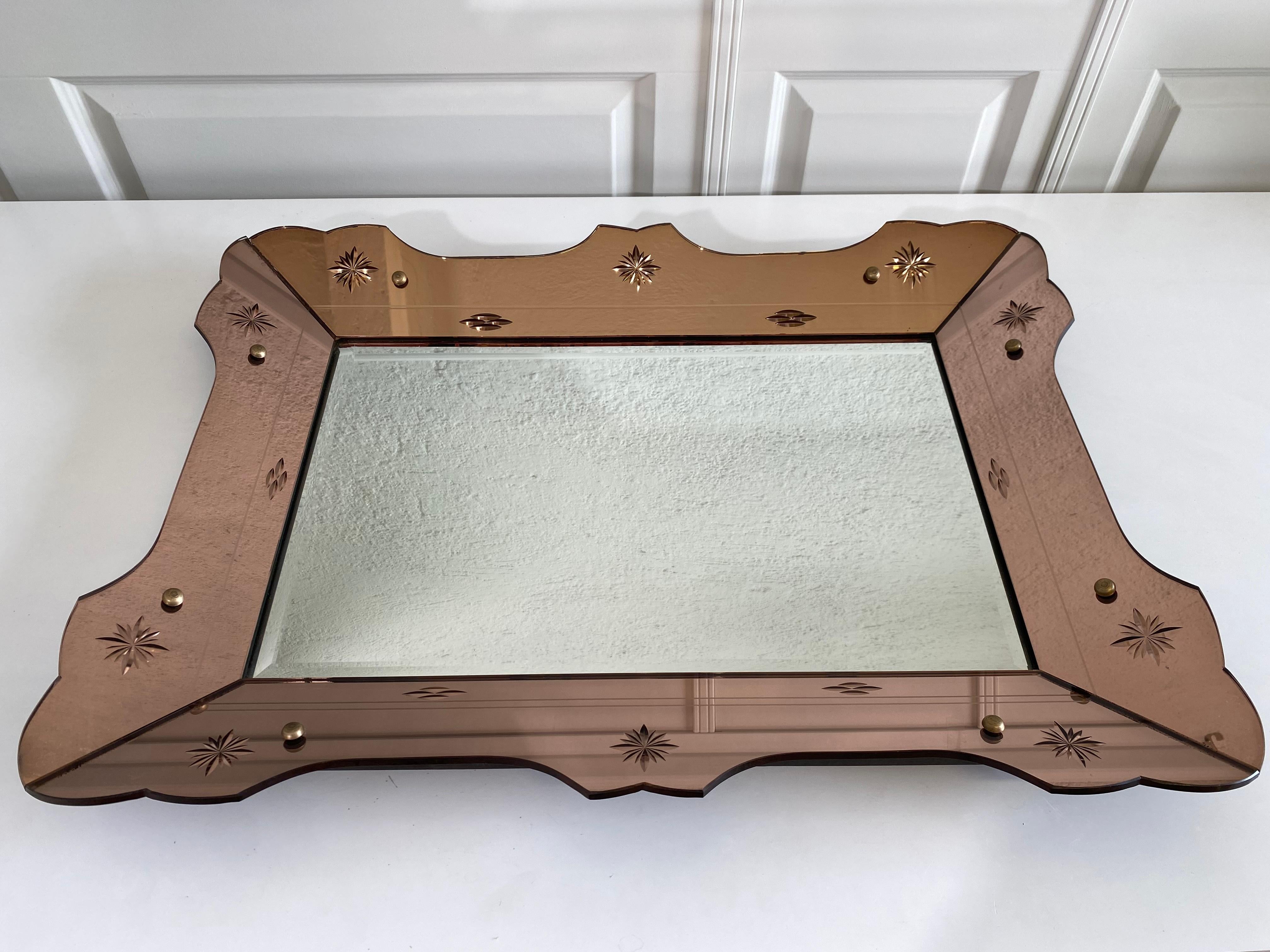 Large Art Deco Wall Mirror in Rose Gold, Italy 1920's For Sale 2