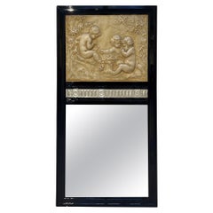 Large Art Deco Wall Mirror with Relief, Black Lacquer 
White-Gold France c 1930