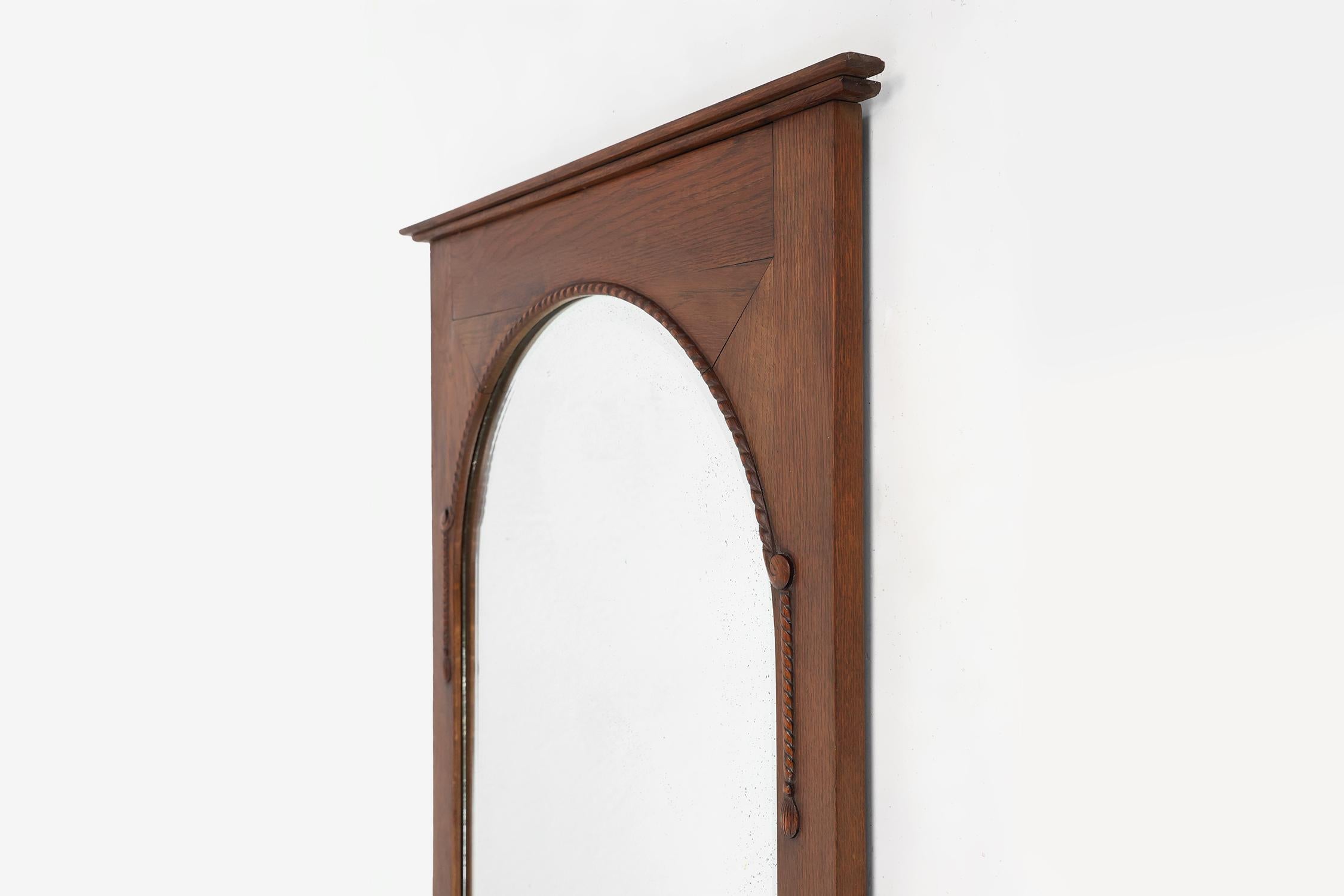 Hand-Carved Large Art Deco wall mirror with solid oak frame, Belgium 1930s
