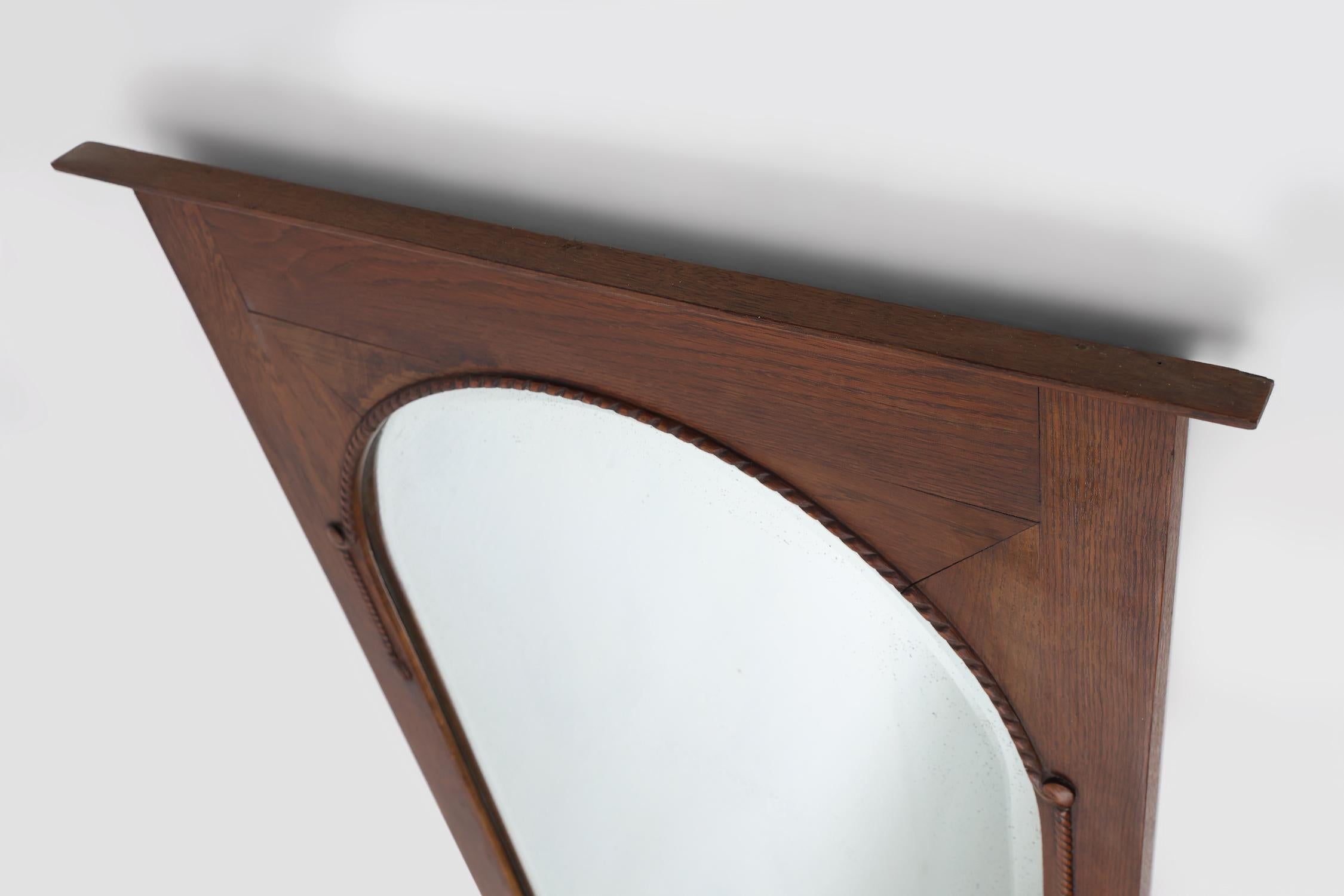 Large Art Deco wall mirror with solid oak frame, Belgium 1930s 1