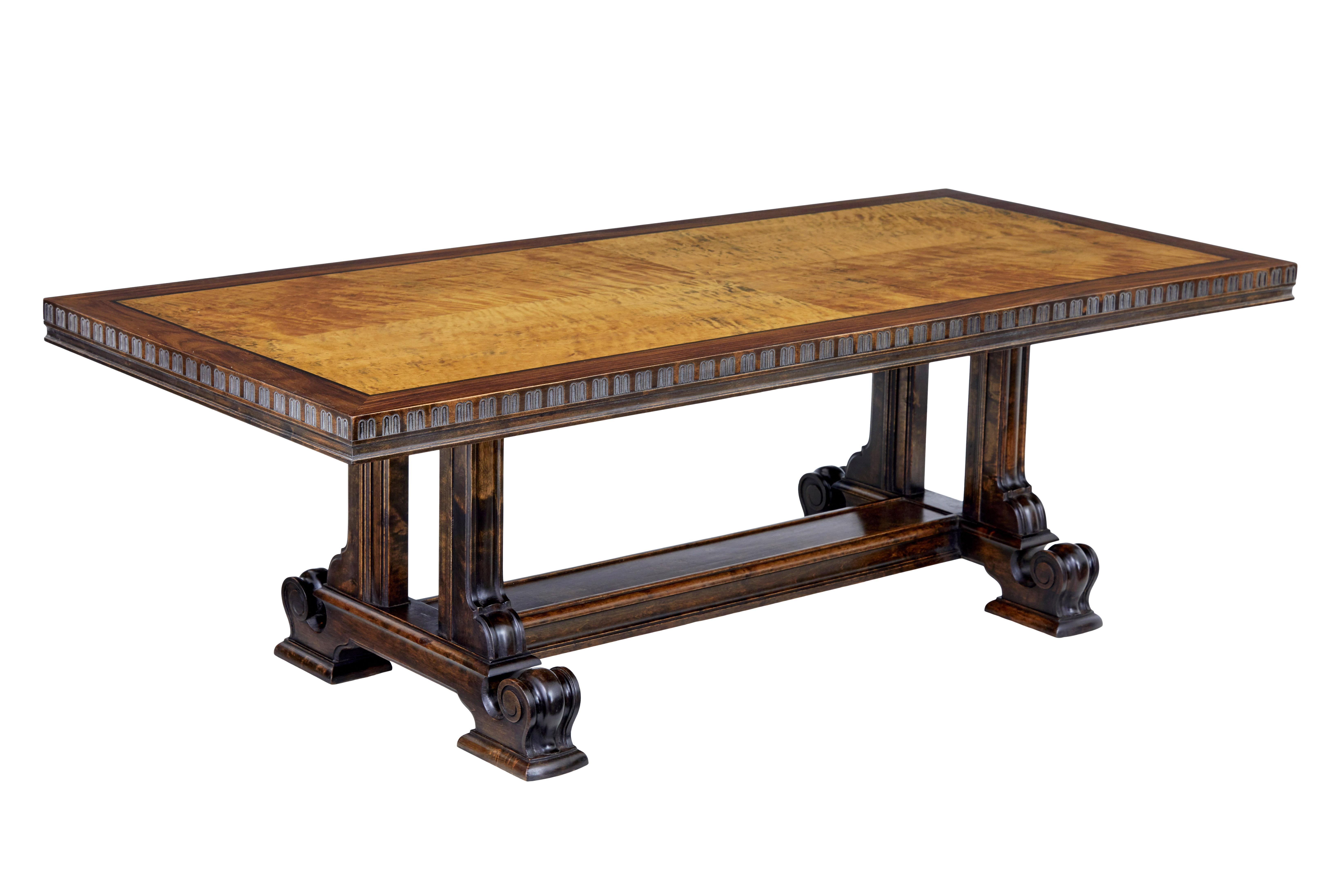 Carved Large art deco walnut and birch coffee table For Sale