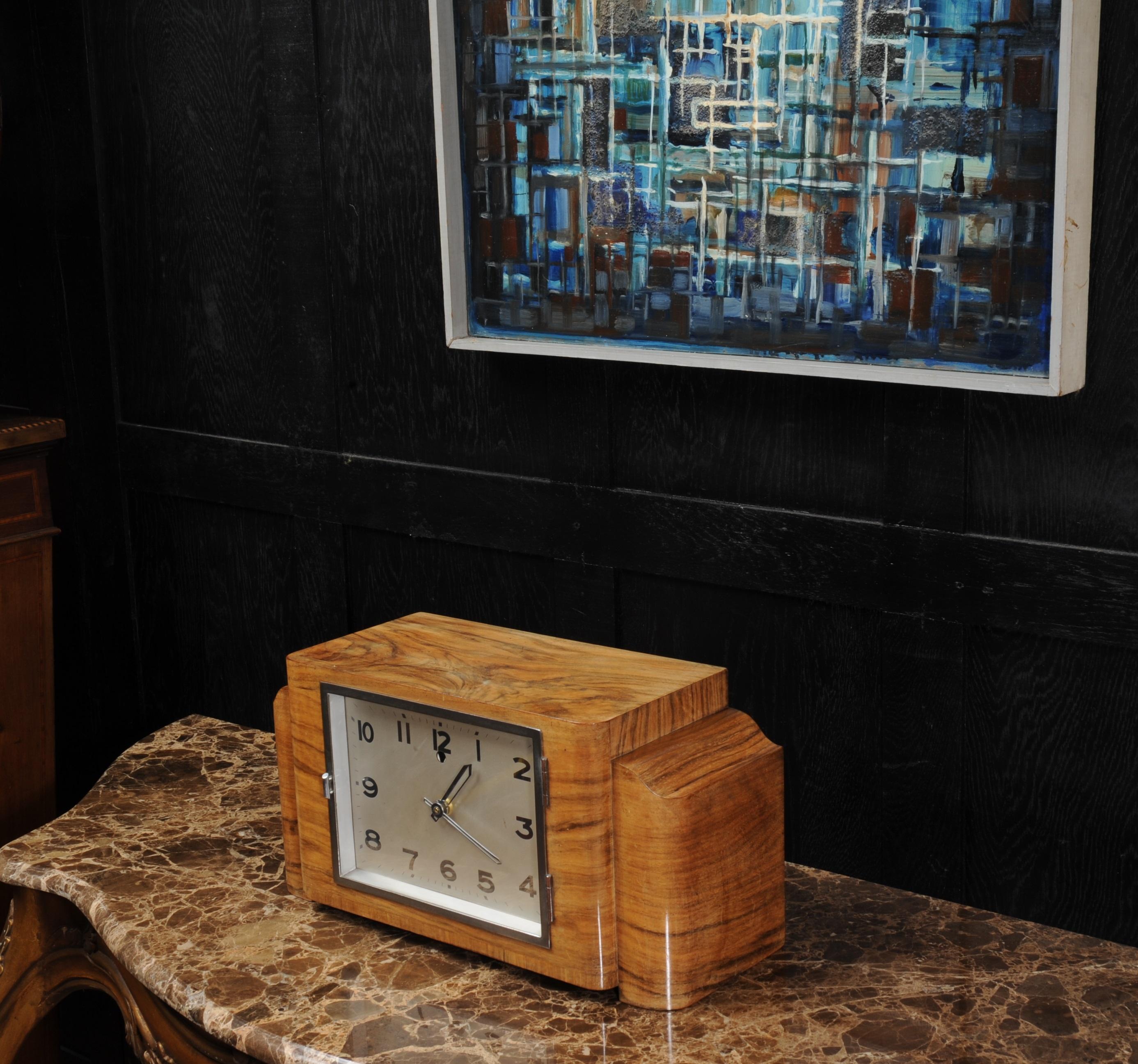 British Large Art Deco Walnut Veneered Clock For Sale