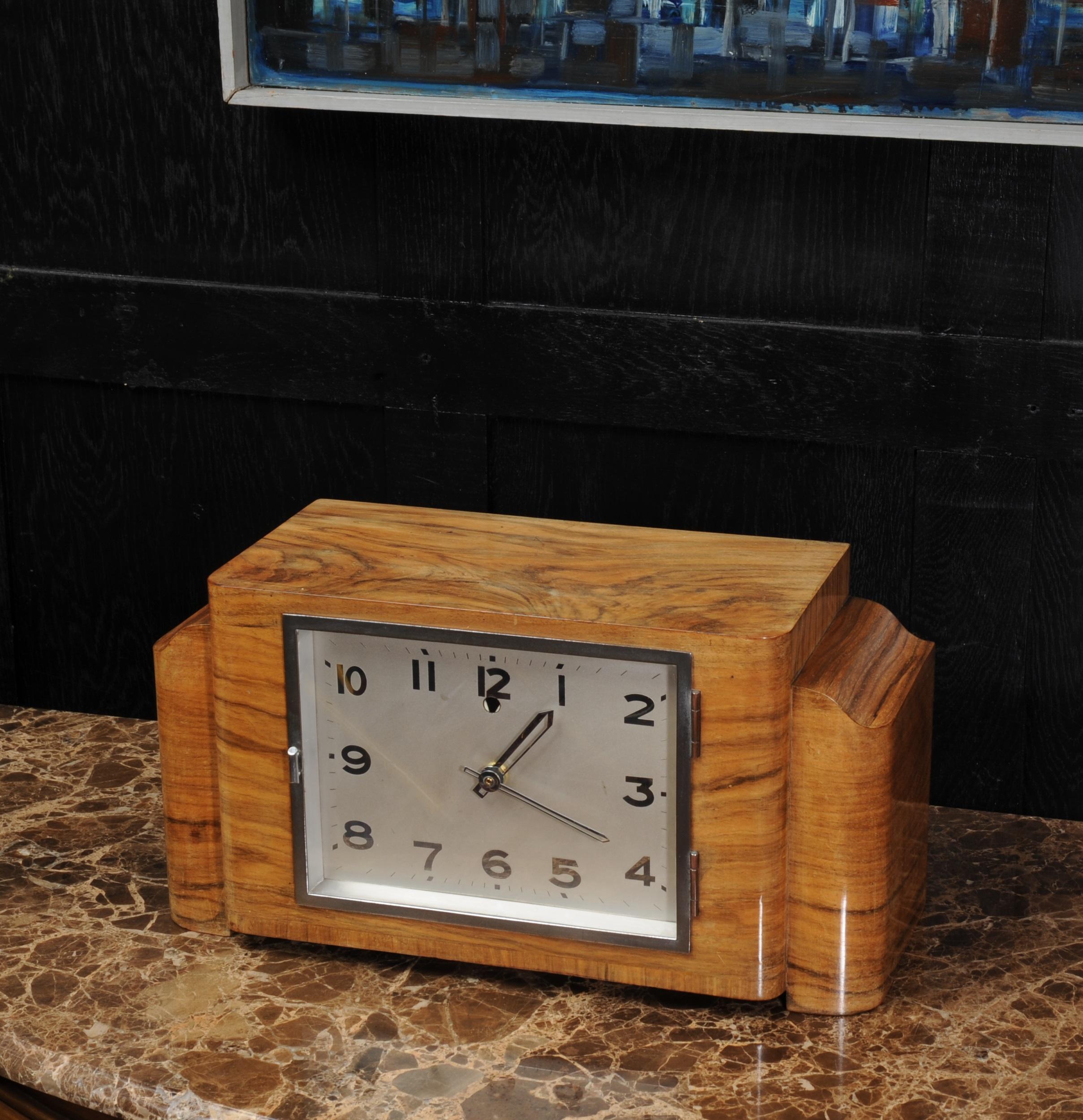 Plated Large Art Deco Walnut Veneered Clock For Sale