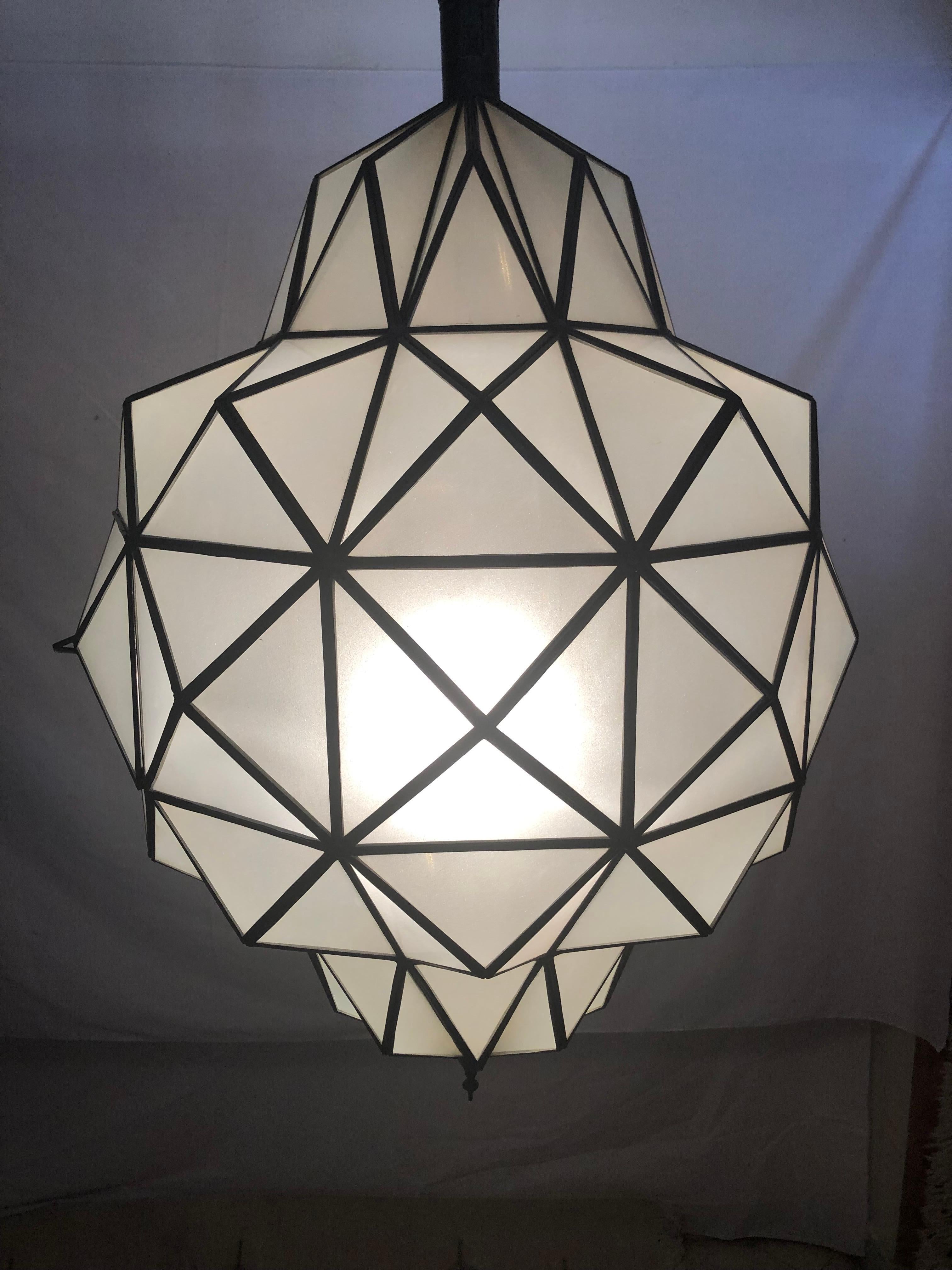 Large Art Deco White Milk Chandelier, Pendant or Lantern in Dome Shape, a Pair For Sale 5