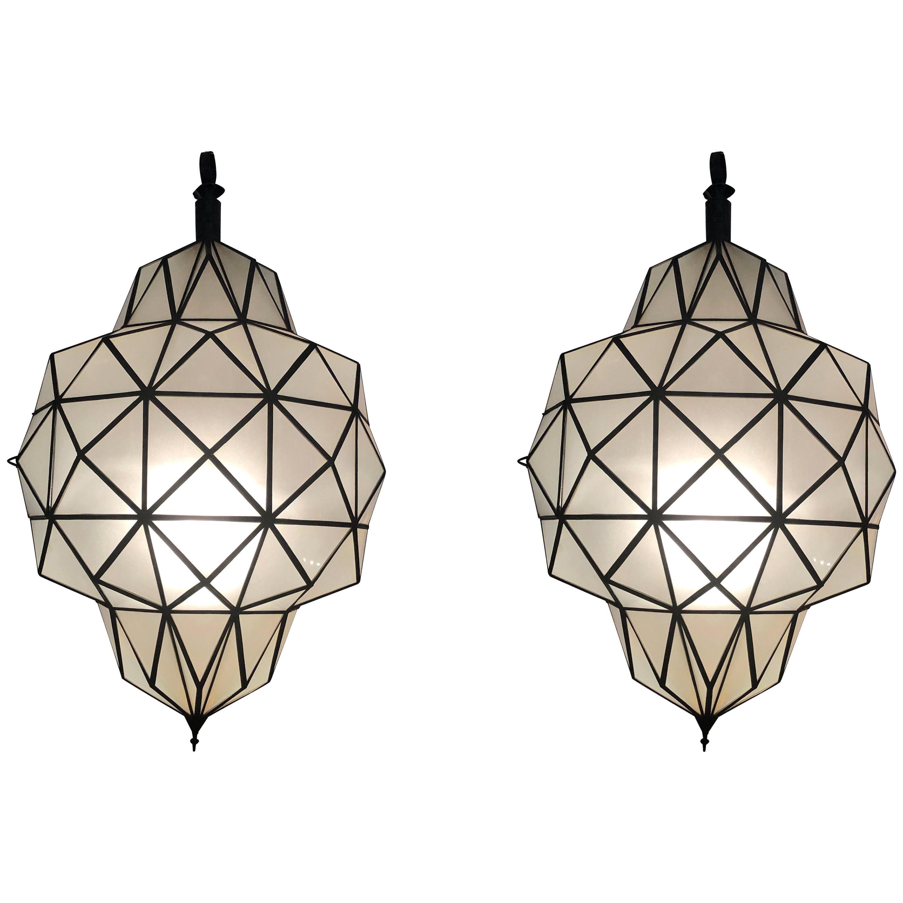 Large Art Deco White Milk Chandelier, Pendant or Lantern in Dome Shape, a Pair For Sale