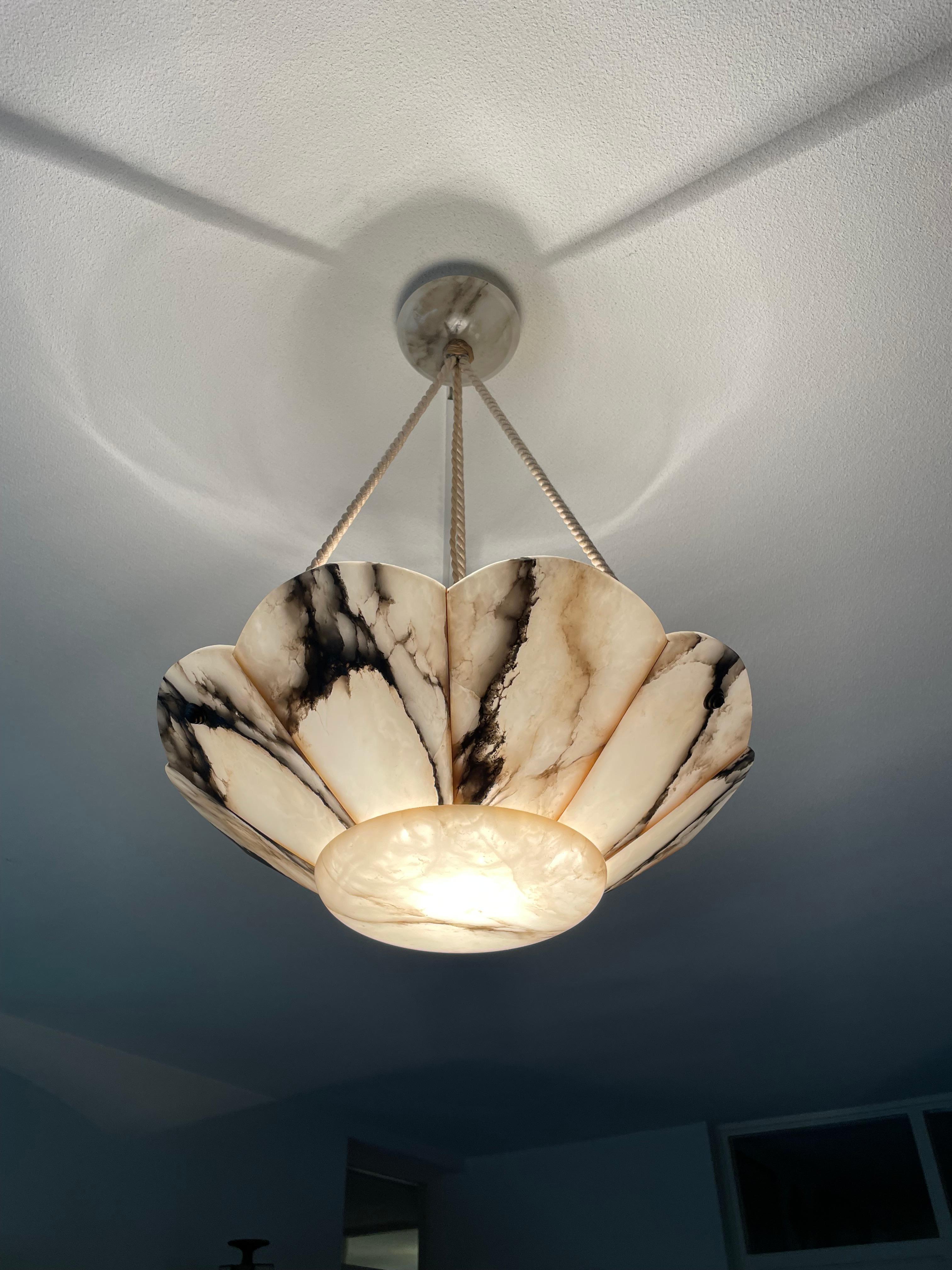 Large Art Deco White & Black Alabaster Pendant Chandelier w. Perfect Rope Chain 12