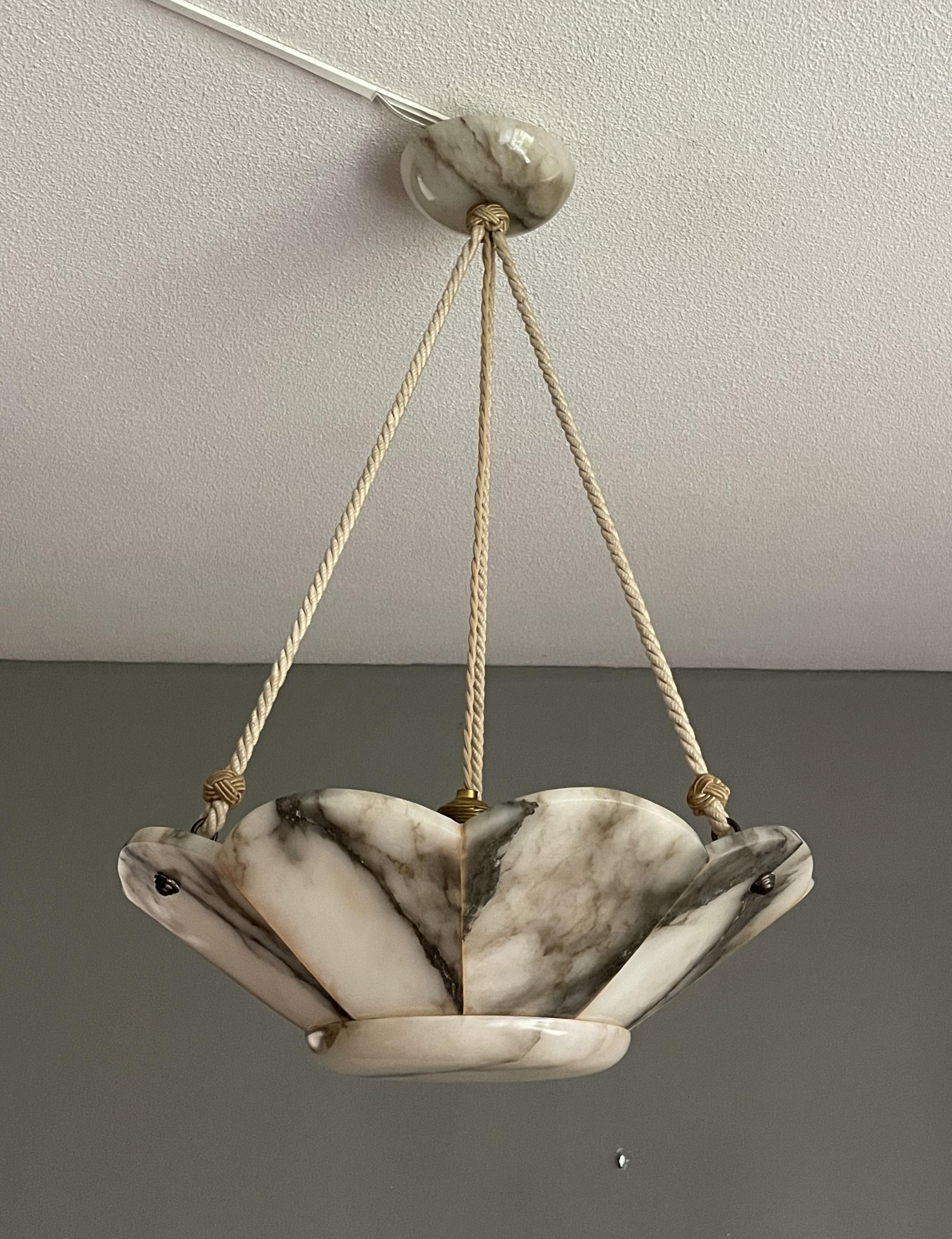 Hand-Knotted Large Art Deco White & Black Alabaster Pendant Chandelier w. Perfect Rope Chain