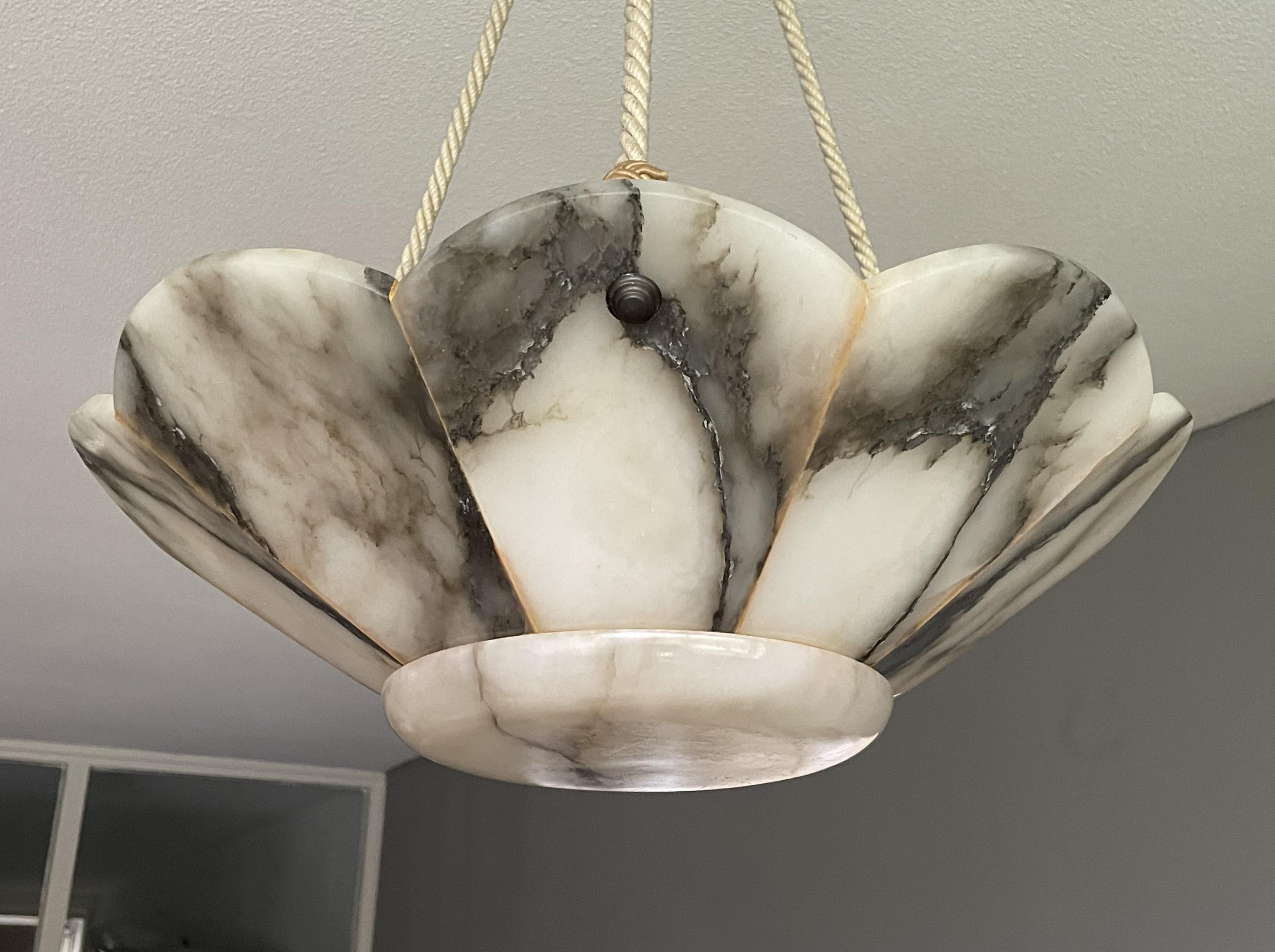 20th Century Large Art Deco White & Black Alabaster Pendant Chandelier w. Perfect Rope Chain
