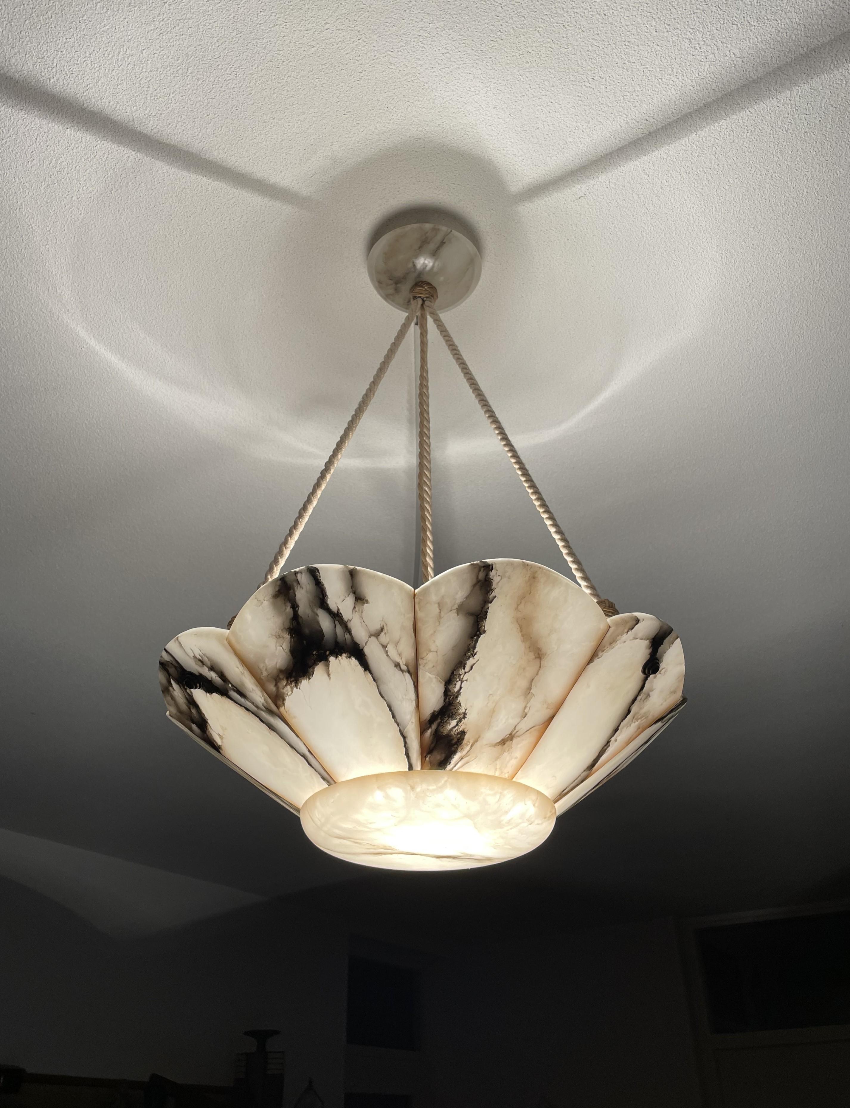 Metal Large Art Deco White & Black Alabaster Pendant Chandelier w. Perfect Rope Chain