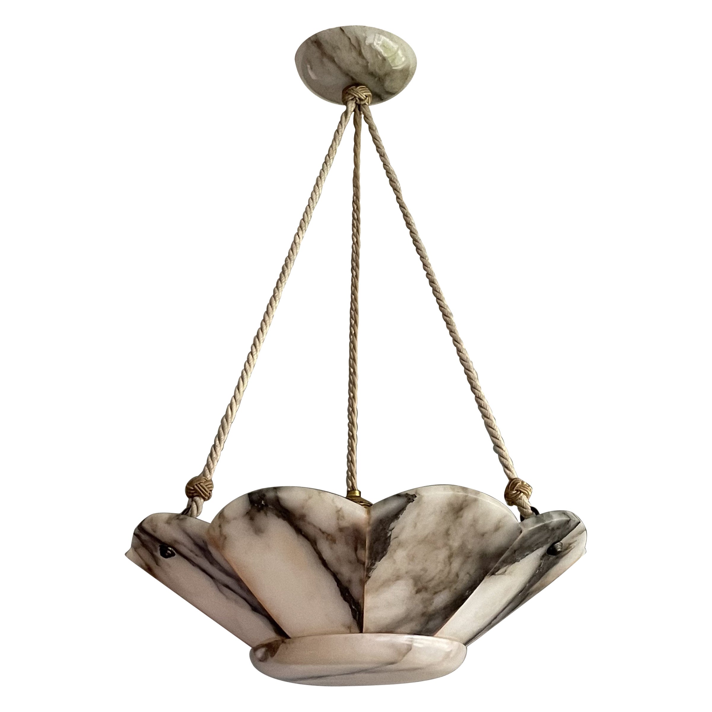 Large Art Deco White & Black Alabaster Pendant Chandelier w. Perfect Rope Chain