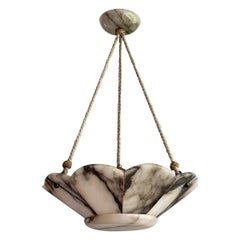 Antique Large Art Deco White & Black Alabaster Pendant Chandelier w. Perfect Rope Chain