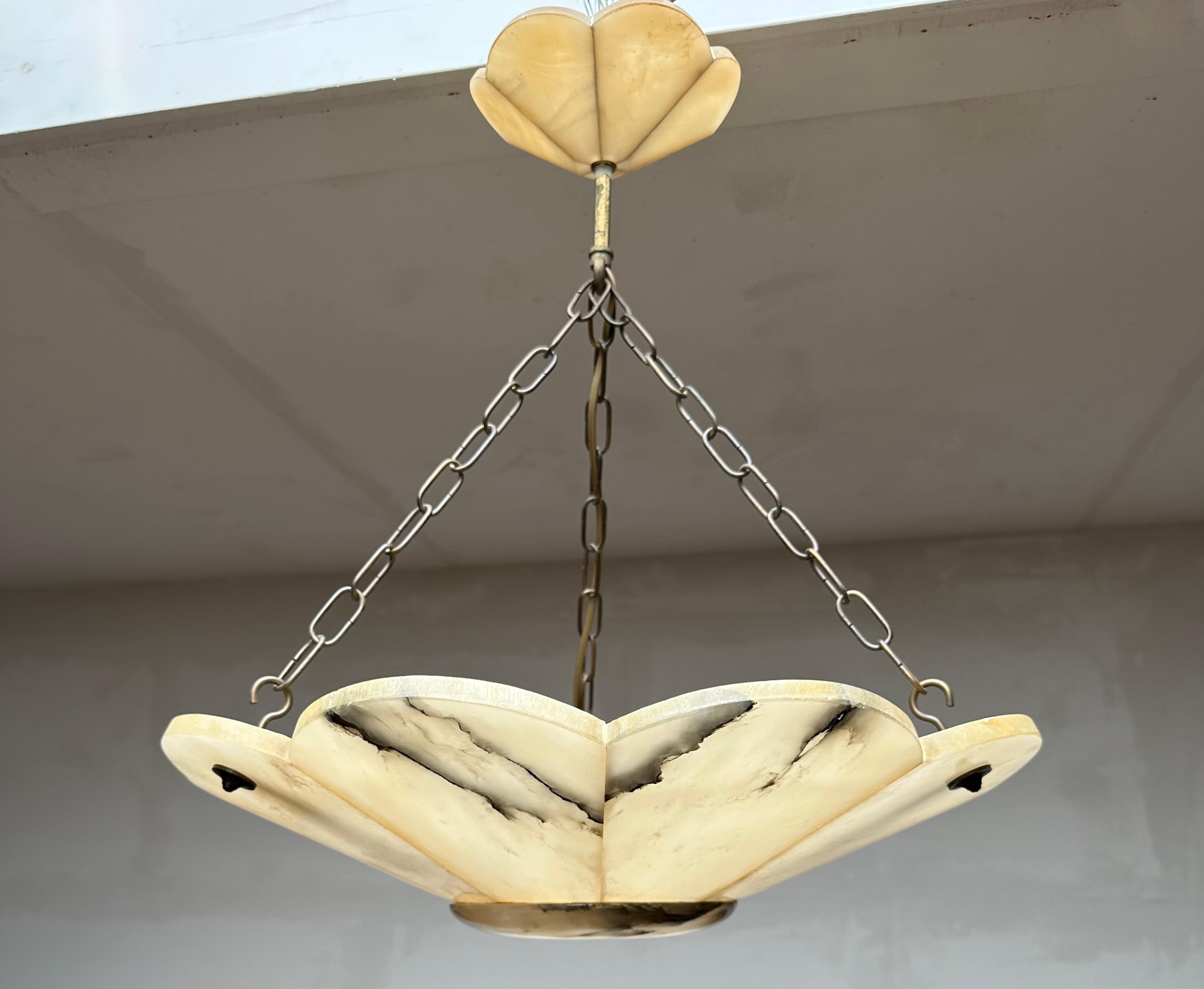 20th Century Large Art Deco White & Black Alabaster Pendant Chandelier with Perfect Canopy For Sale