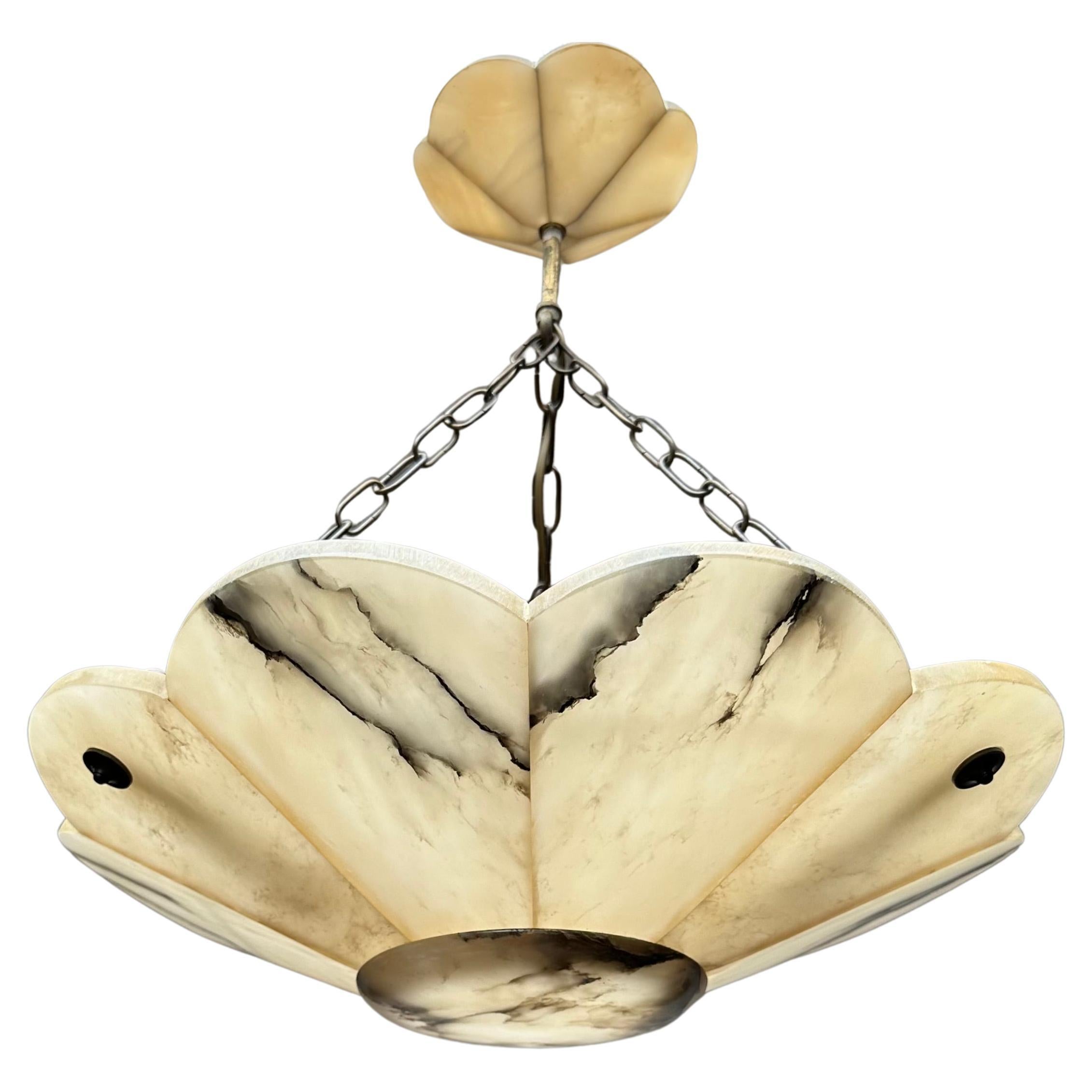 Large Art Deco White & Black Alabaster Pendant Chandelier with Perfect Canopy For Sale