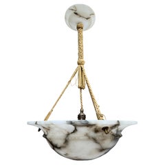 Large Art Deco White & Black Veins Alabaster Pendant with Carved Beaded Edge