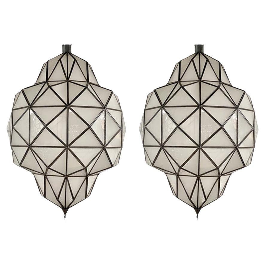 Large Art Deco White Milk Chandelier, Pendant or Lantern in Dome Shape, a Pair