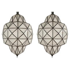 Large Art Deco White Milk Chandelier, Pendant or Lantern in Dome Shape, a Pair