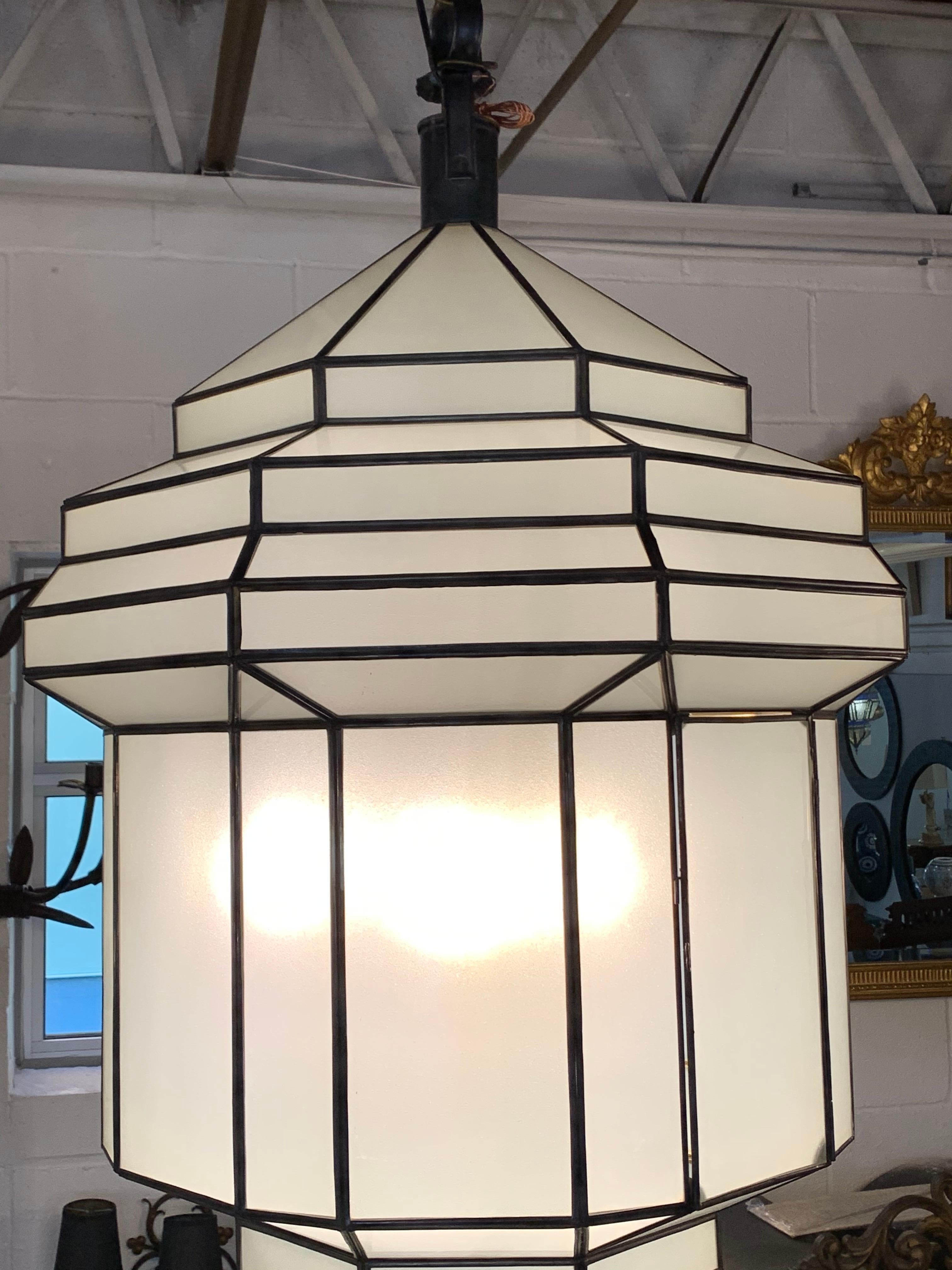 Large Art Deco White Milk Glass Chandelier, Pendant or Lantern, a Pair 10