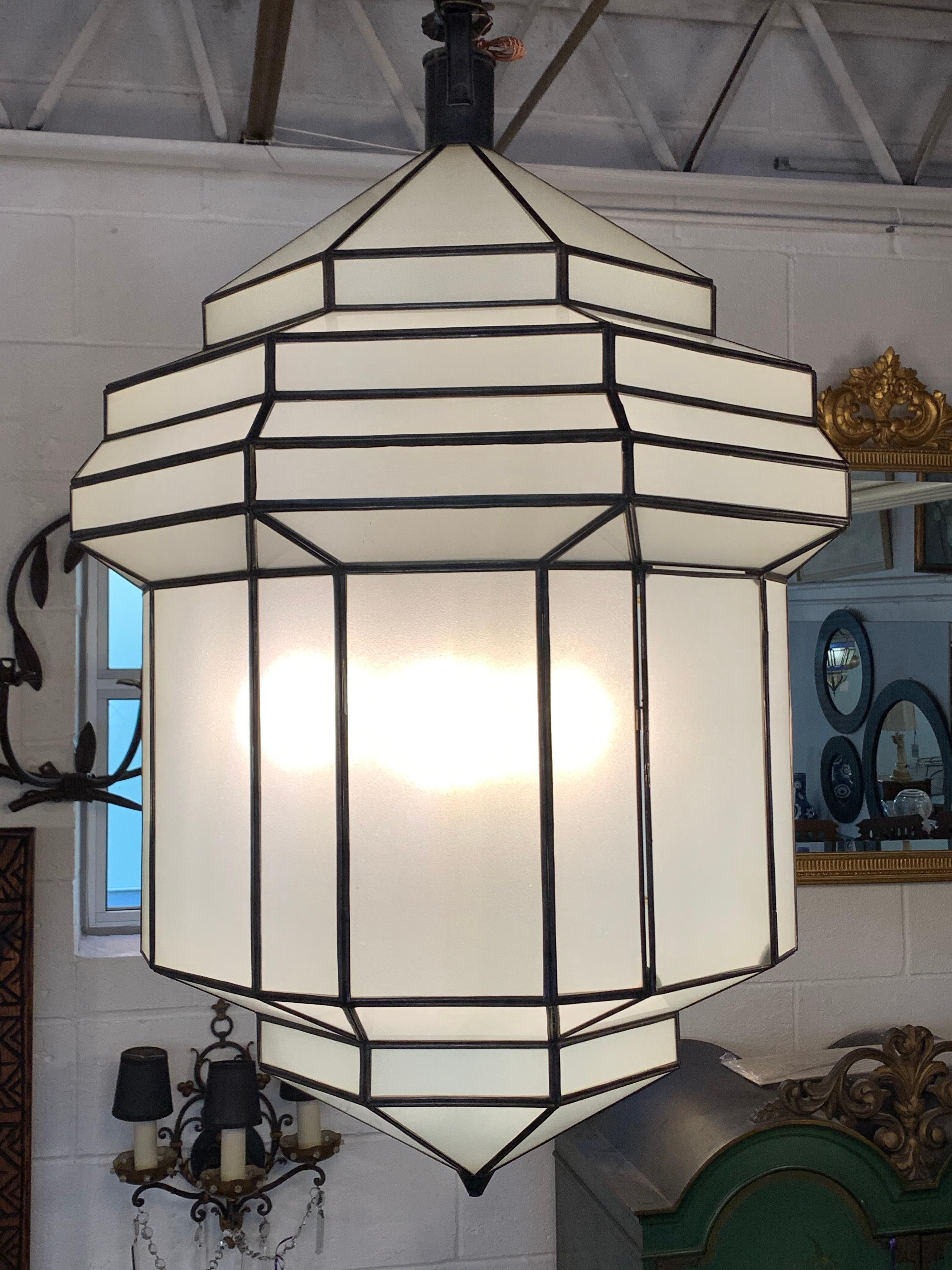 Large Art Deco White Milk Glass Chandelier, Pendant or Lantern, a Pair 11
