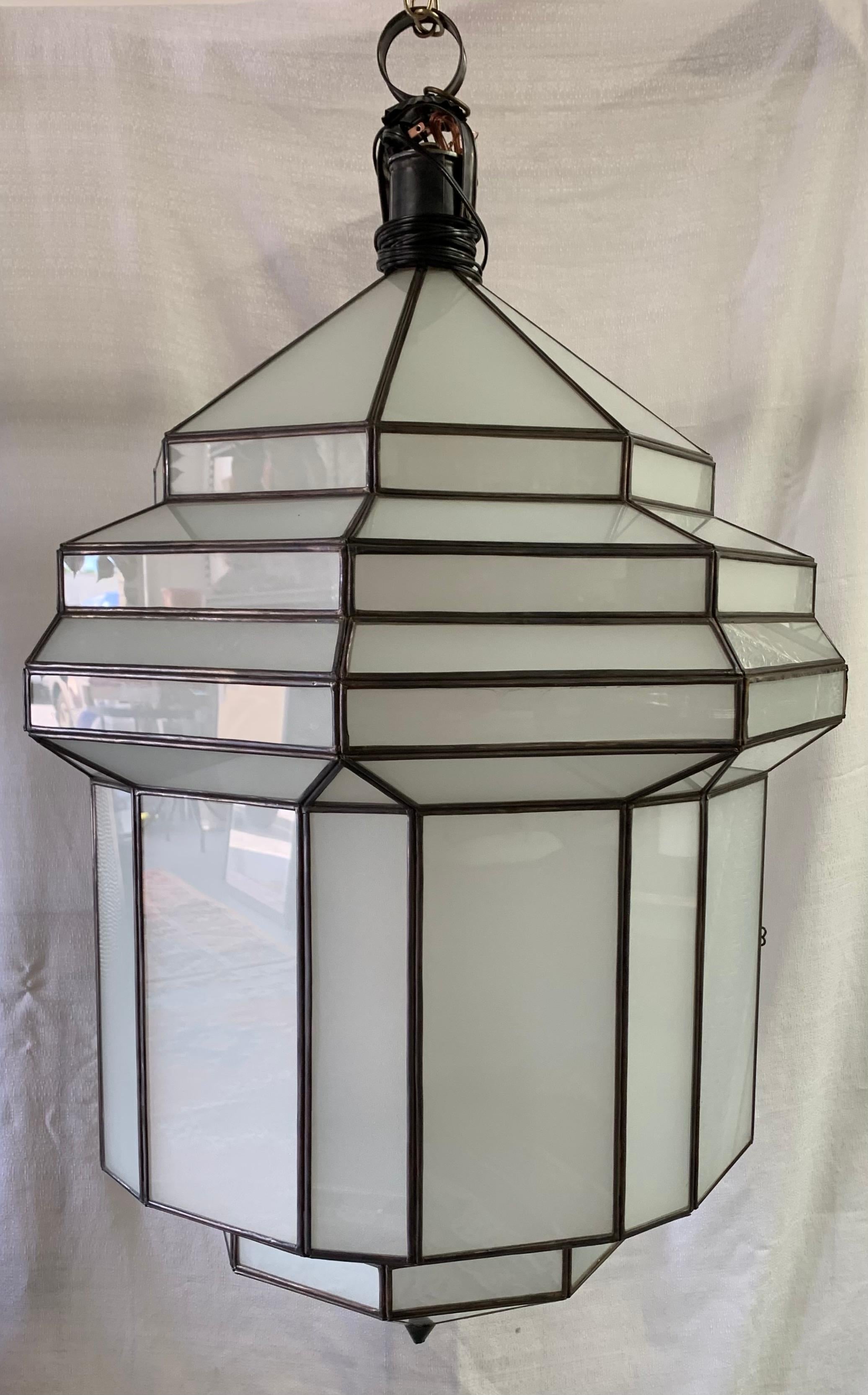Metal Large Art Deco White Milk Glass Chandelier, Pendant or Lantern, a Pair