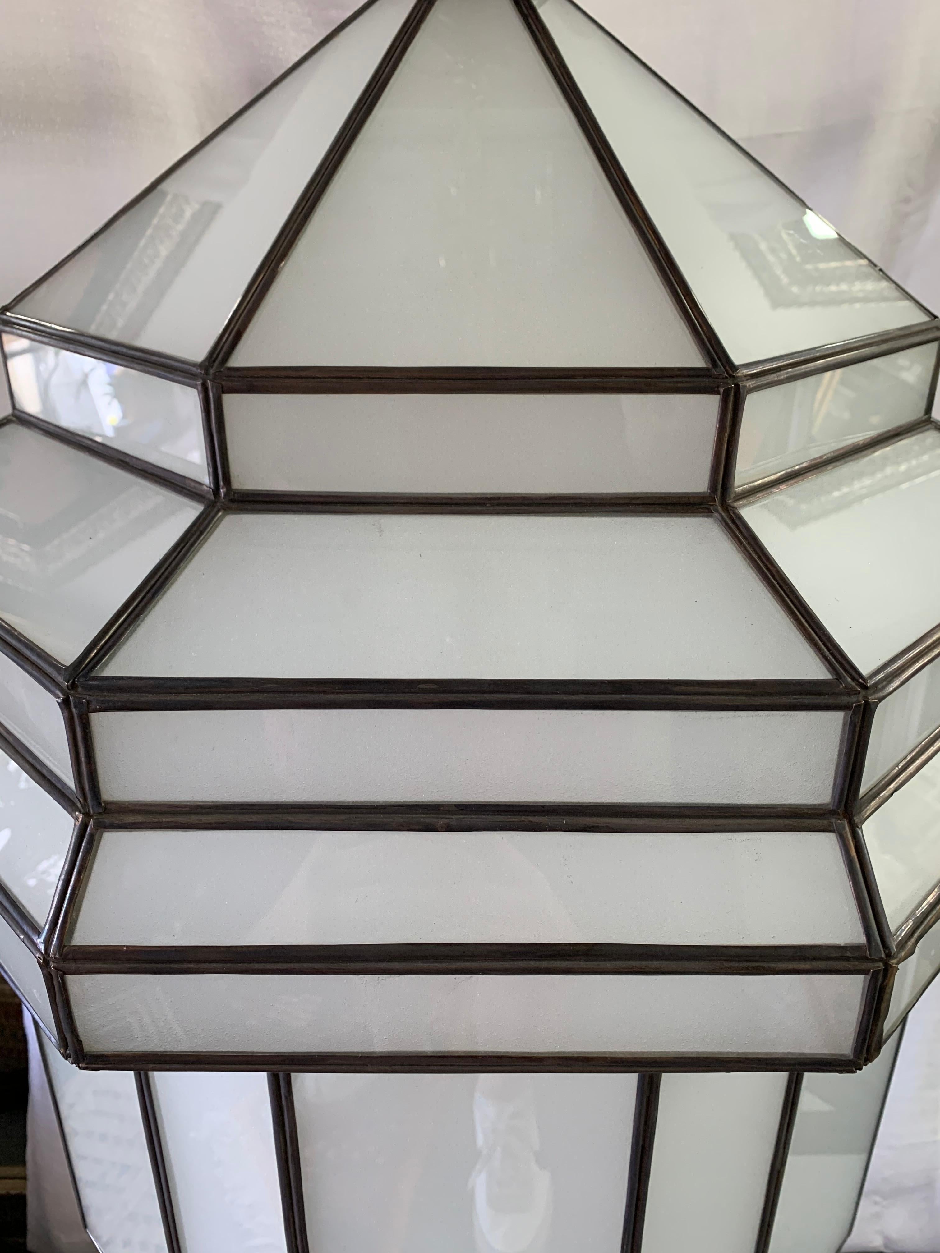 Large Art Deco White Milk Glass Chandelier, Pendant or Lantern, a Pair 8