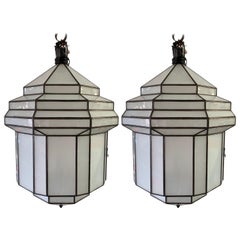Large Art Deco White Milk Glass Chandelier, Pendant or Lantern, a Pair