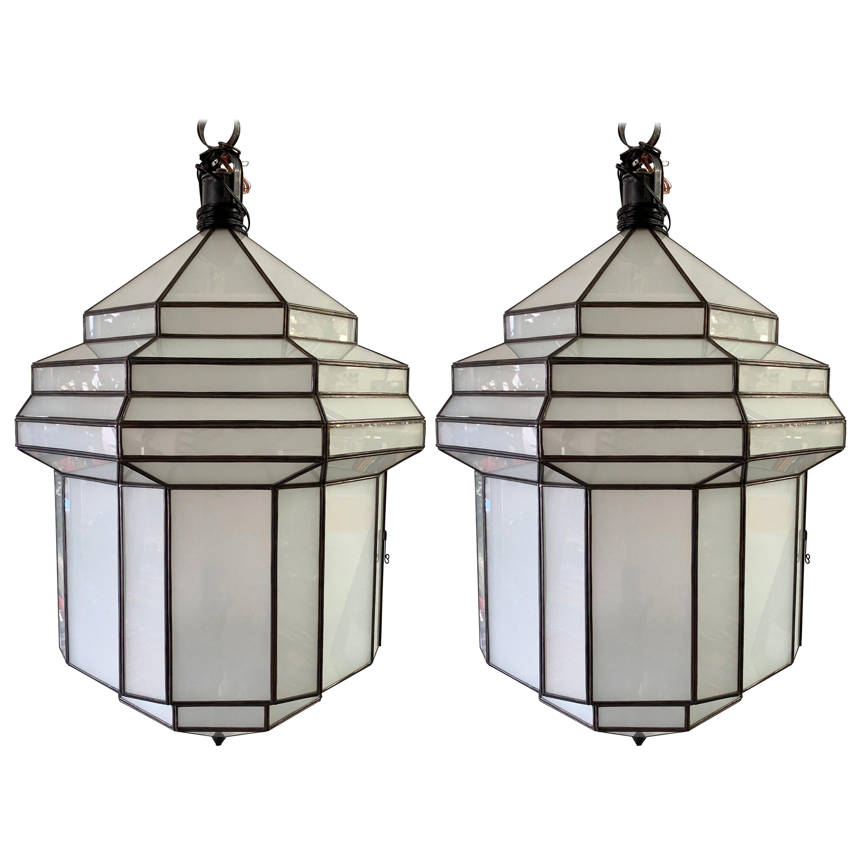 Large Art Deco White Milk Glass Chandelier, Pendant or Lantern, a Pair