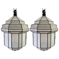 Vintage Large Art Deco White Milk Glass Chandelier, Pendant or Lantern, a Pair