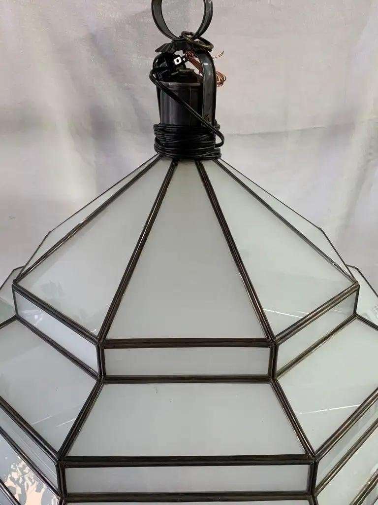 Large Art Deco White Milk Glass Chandelier, Pendant or Lantern For Sale 4