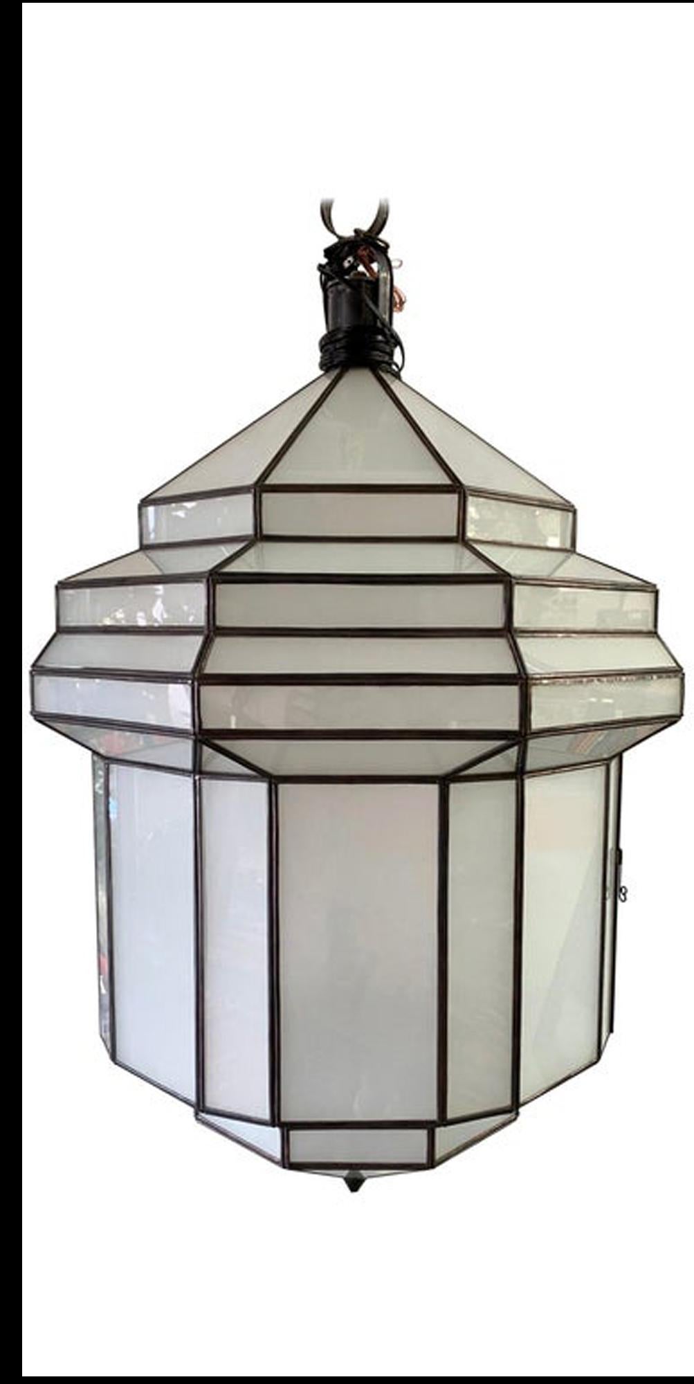 Large Art Deco White Milk Glass Chandelier, Pendant or Lantern 12