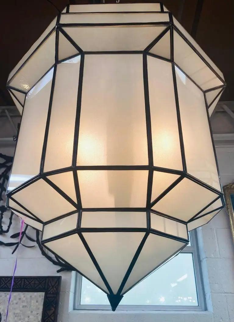 Large Art Deco White Milk Glass Chandelier, Pendant or Lantern For Sale 3