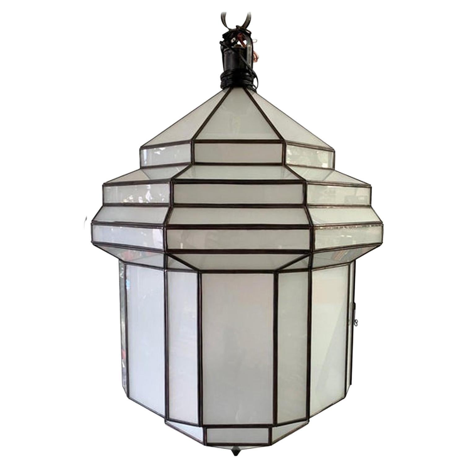 Large Art Deco White Milk Glass Chandelier, Pendant or Lantern