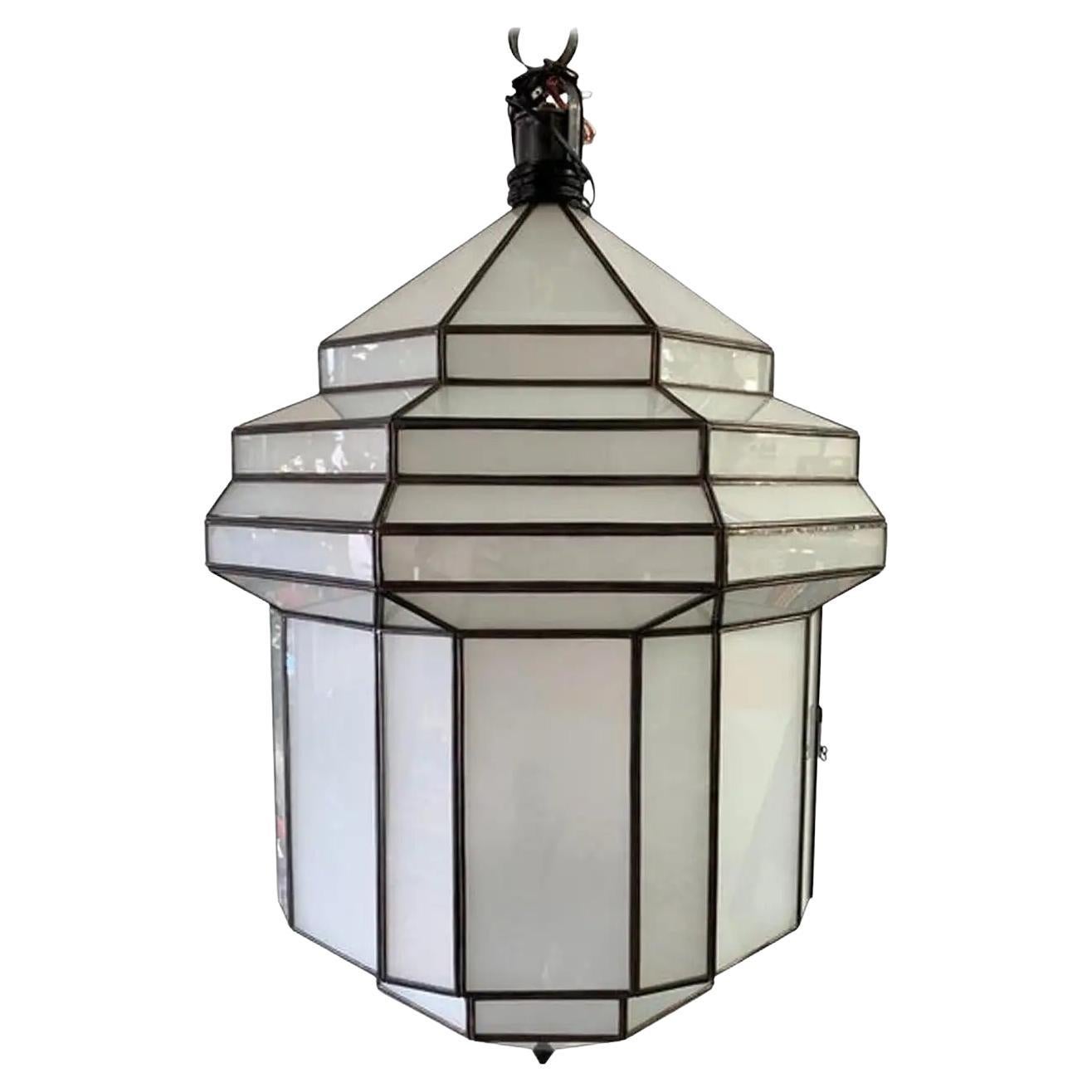 Large Art Deco Style White Milk Glass Chandelier, Pendant or Lantern, a