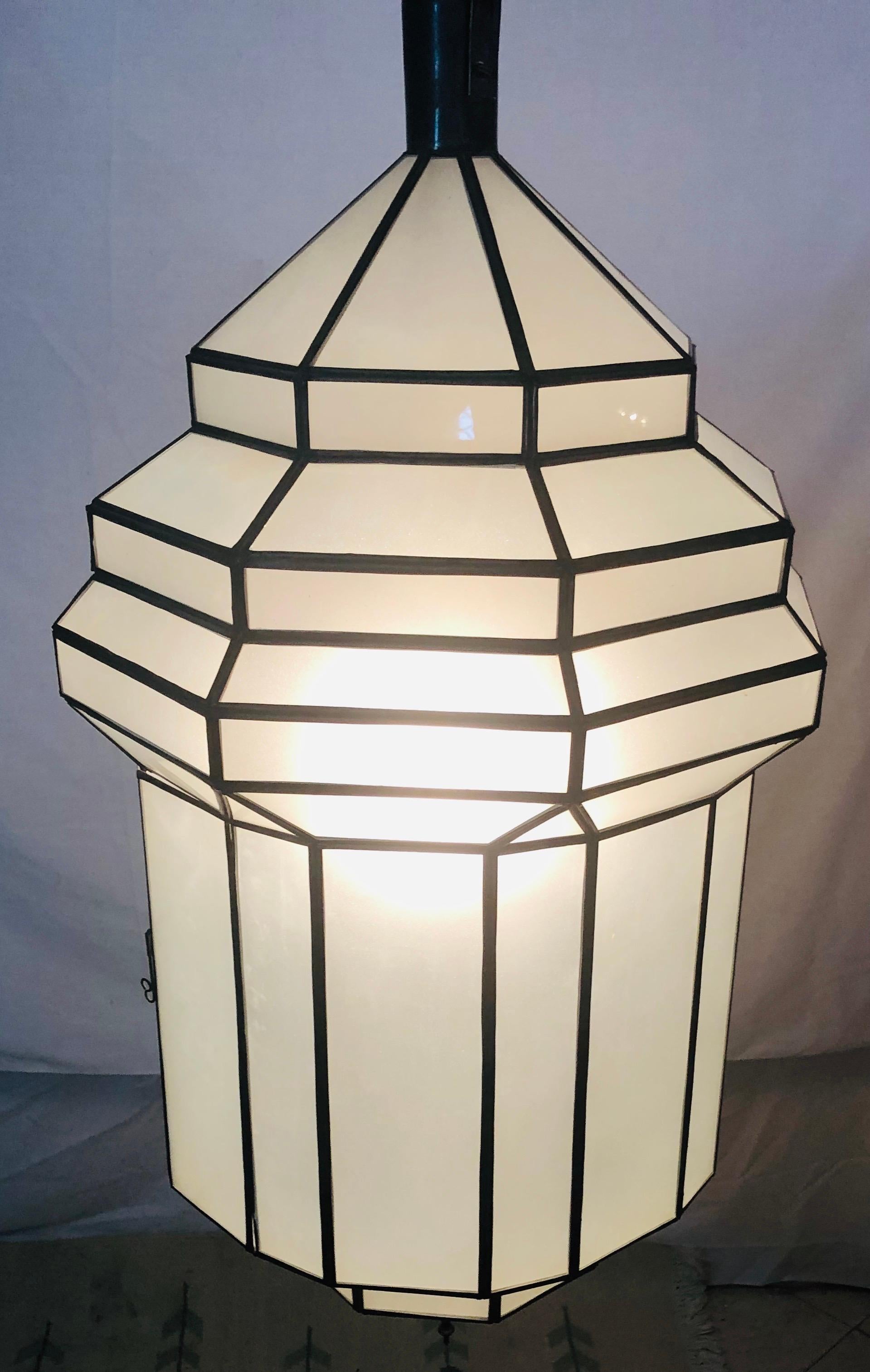 Late 20th Century Large Art Deco White Milk Glass Handmade Chandelier, Pendant, Lantern, a Pair