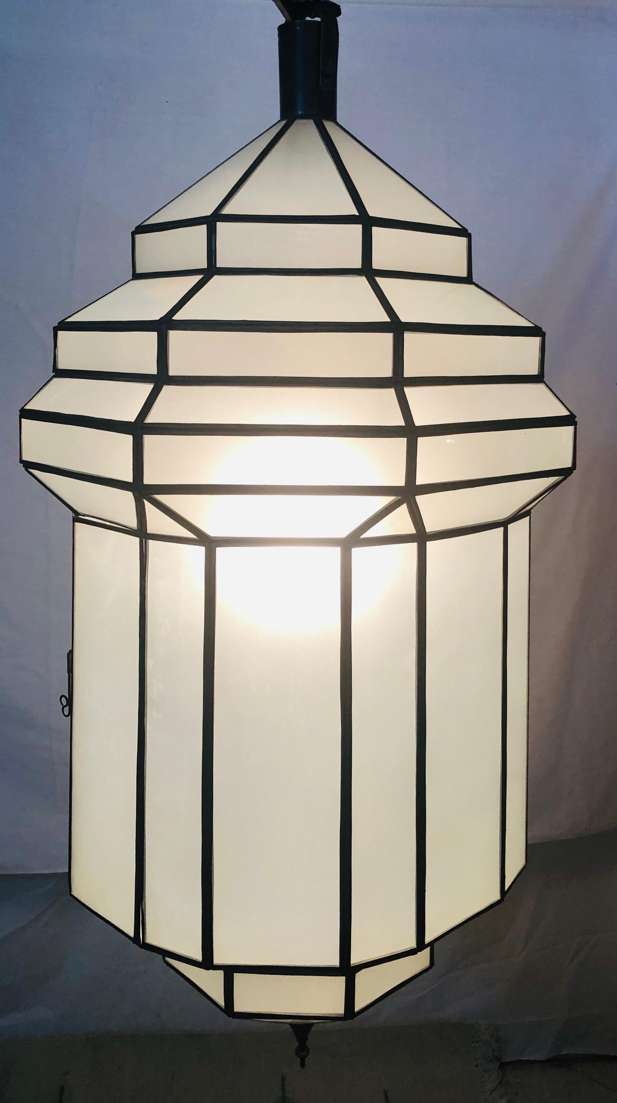 Large Art Deco White Milk Glass Handmade Chandelier, Pendant, Lantern, a Pair In Good Condition In Plainview, NY