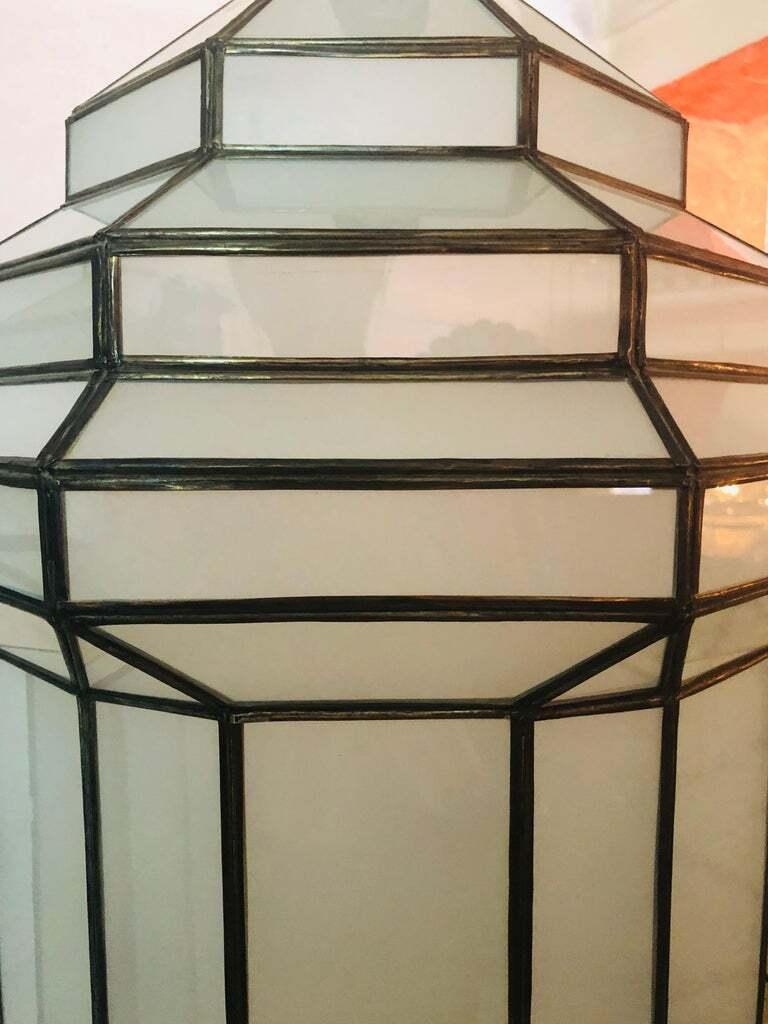Large Art Deco White Milk Glass Handmade Chandelier, Pendant, Lantern, a Pair 3
