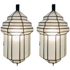 Large Art Deco White Milk Glass Handmade Chandelier, Pendant, Lantern, a Pair