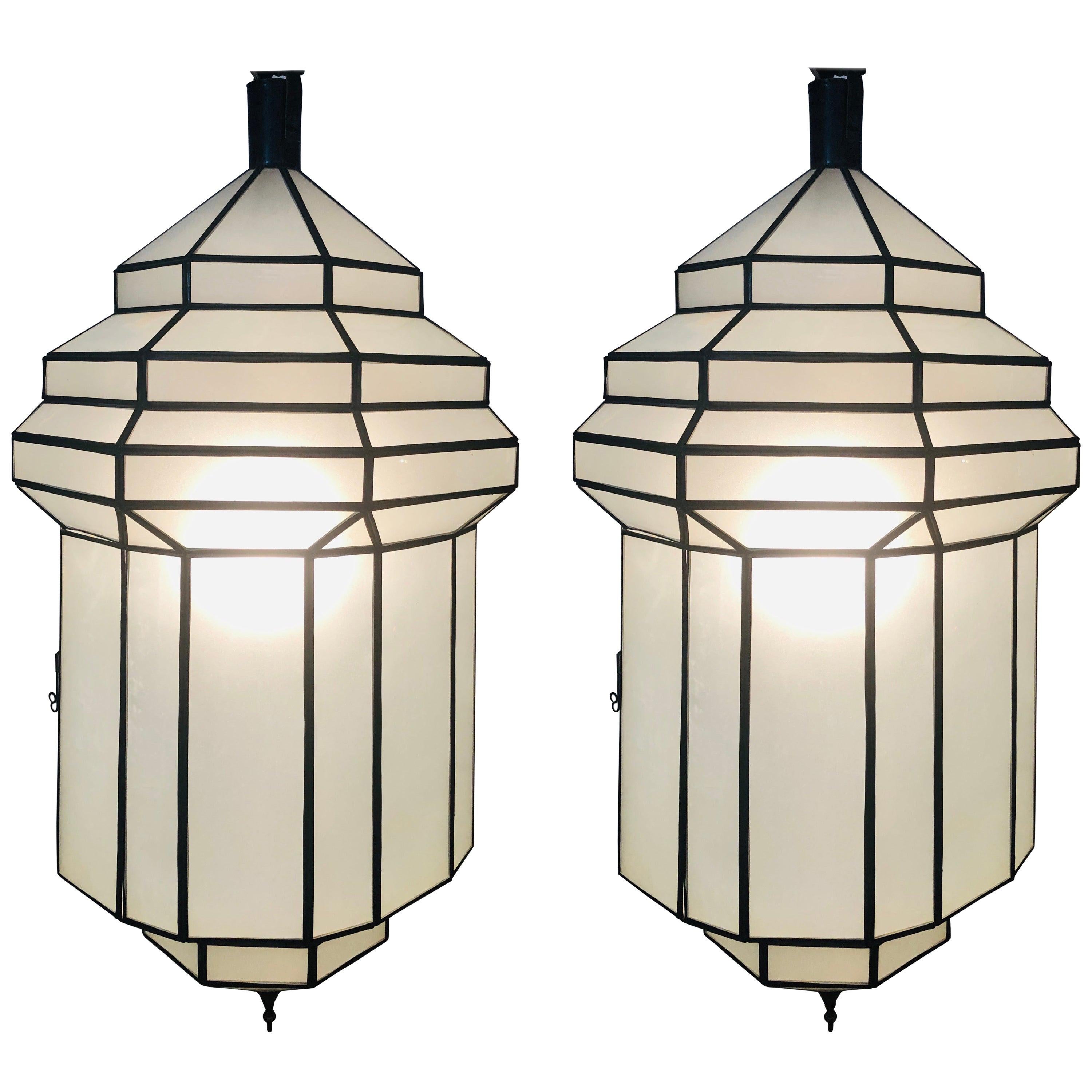 Large Art Deco White Milk Glass Handmade Chandelier, Pendant, Lantern, a Pair