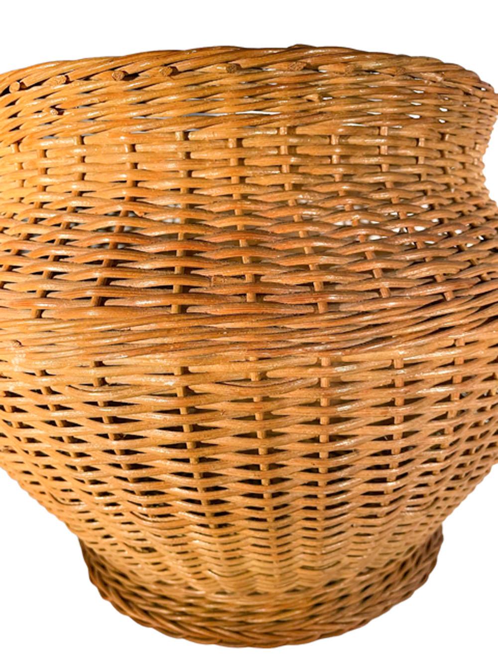 Large Art Deco Wicker Handled Cachepot Retaining Its Haywood-Wakefield Label For Sale 3