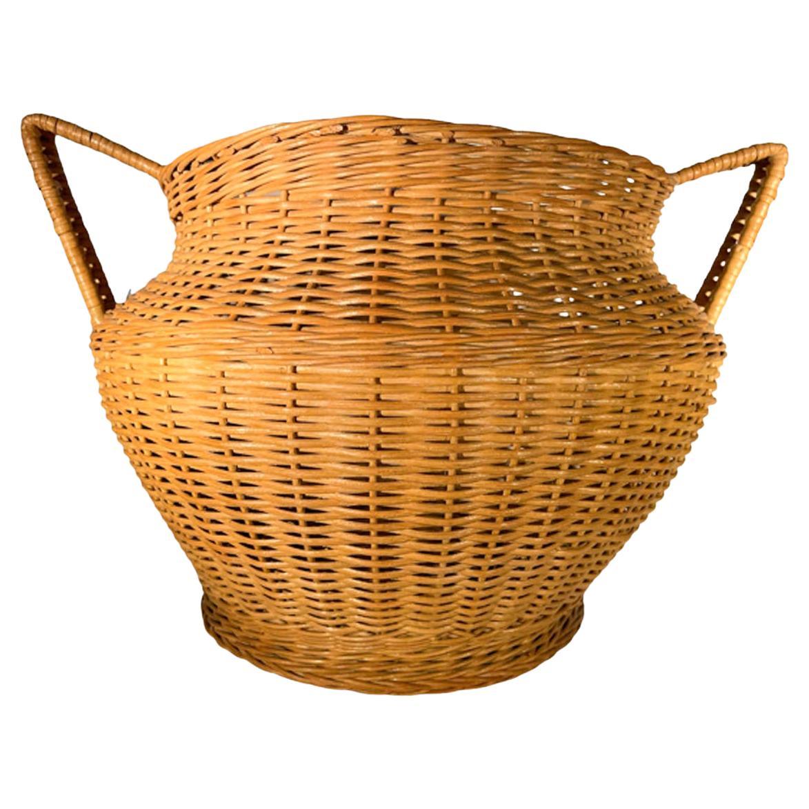 Grande cachepot con manico in vimini Art Déco che conserva l'etichetta Haywood-Wakefield