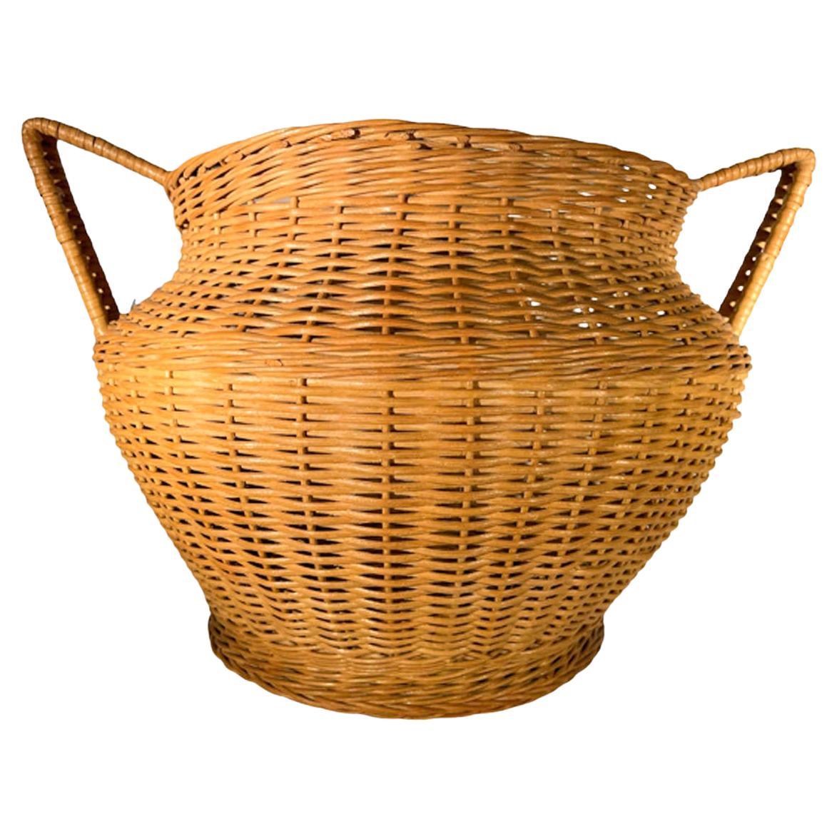 Large Art Deco Wicker Handled Cachepot Retaining Its Haywood-Wakefield Label For Sale