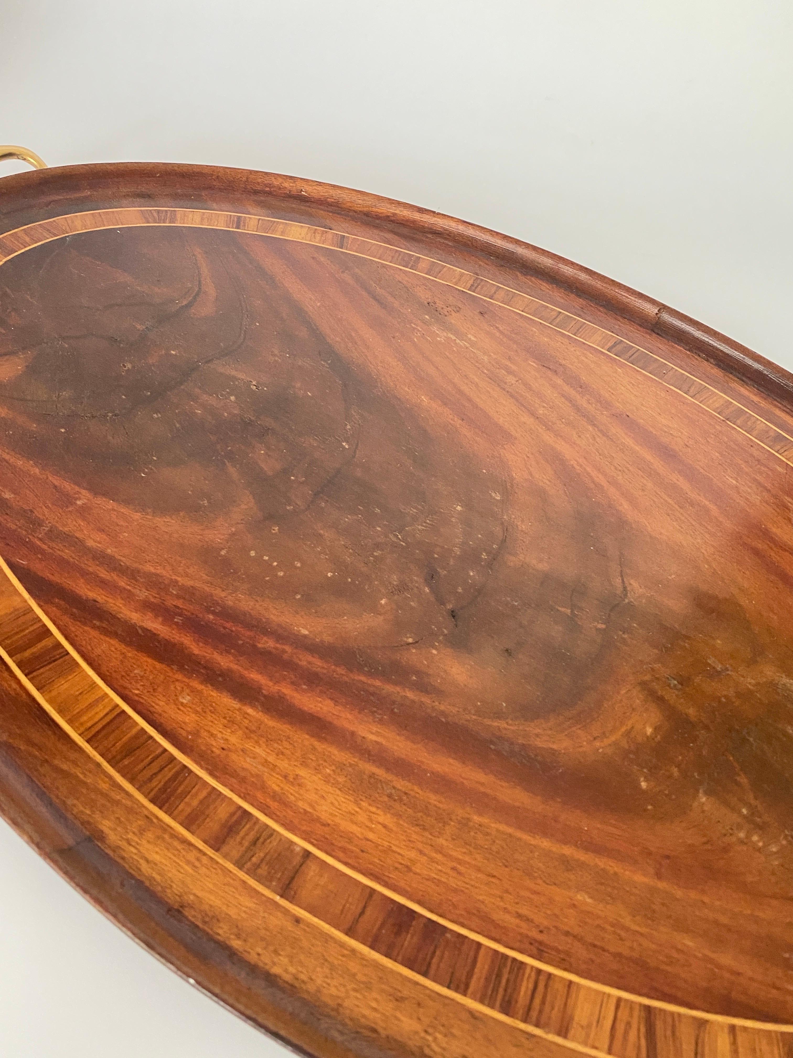 Mid-20th Century Large Art Deco Wood Marquetry Tray, Brown Color, Wood and Brass, France, 1940 For Sale