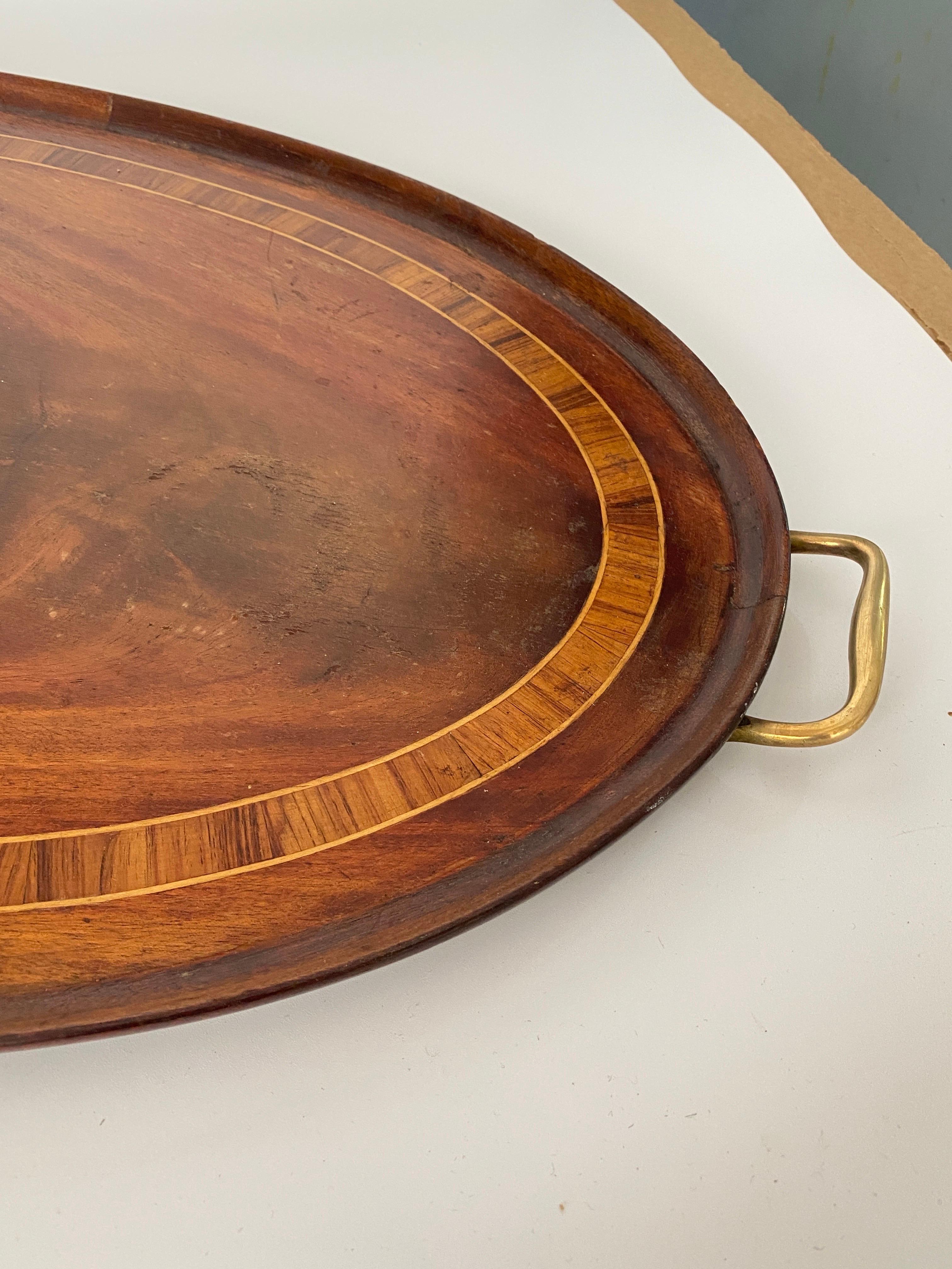 Large Art Deco Wood Marquetry Tray, Brown Color, Wood and Brass, France, 1940 For Sale 1