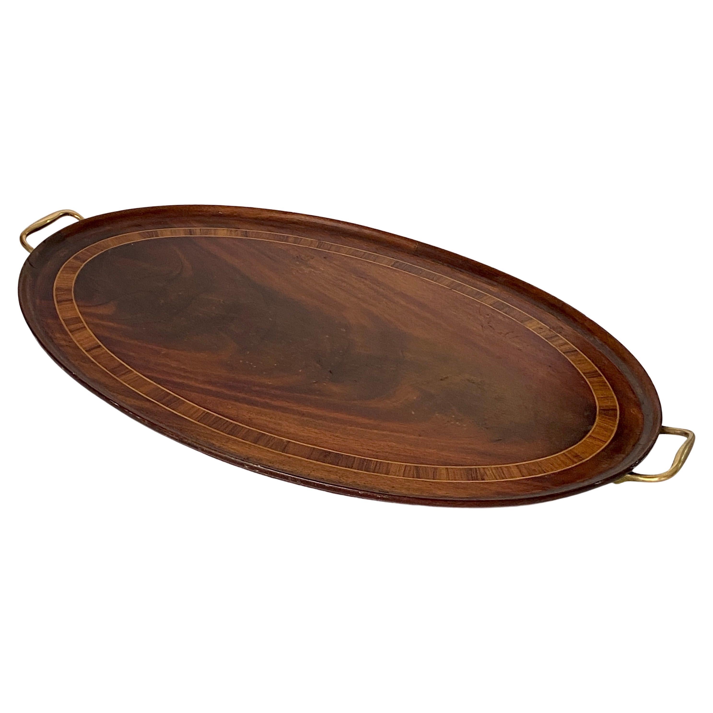 Large Art Deco Wood Marquetry Tray, Brown Color, Wood and Brass, France, 1940 For Sale