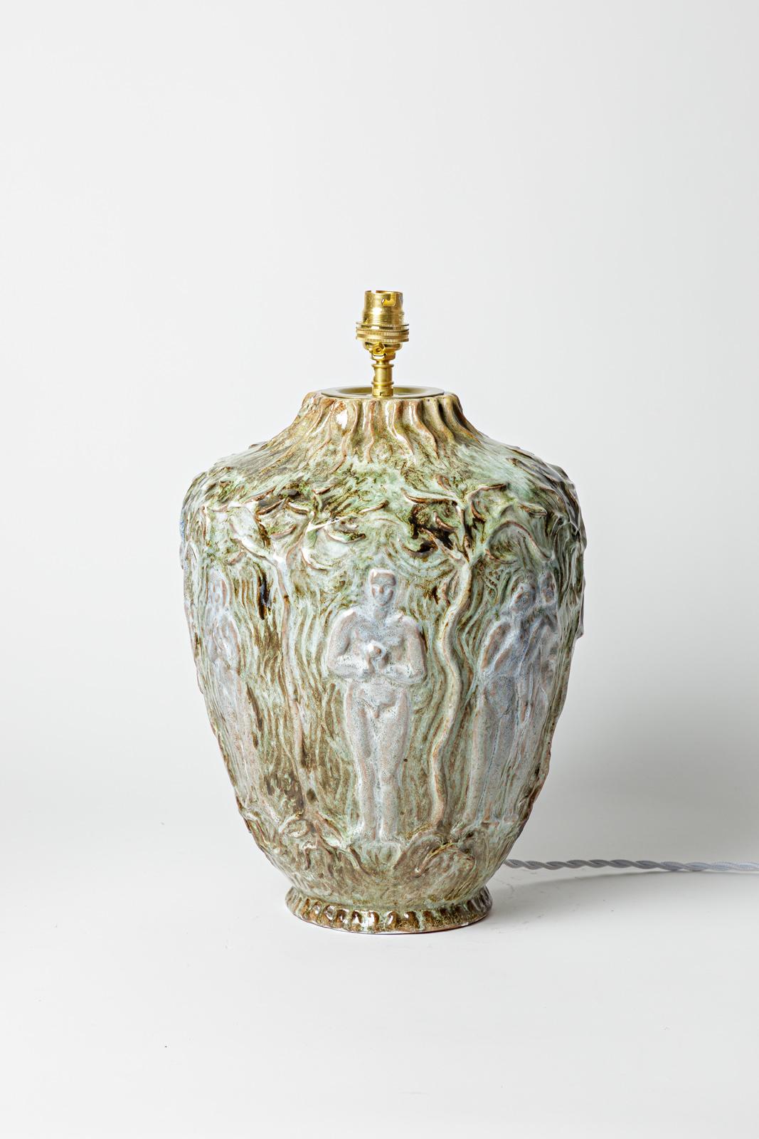Mid-Century Modern large art deco XXth century ceramic table lamp adam & eve decoration 1950 For Sale